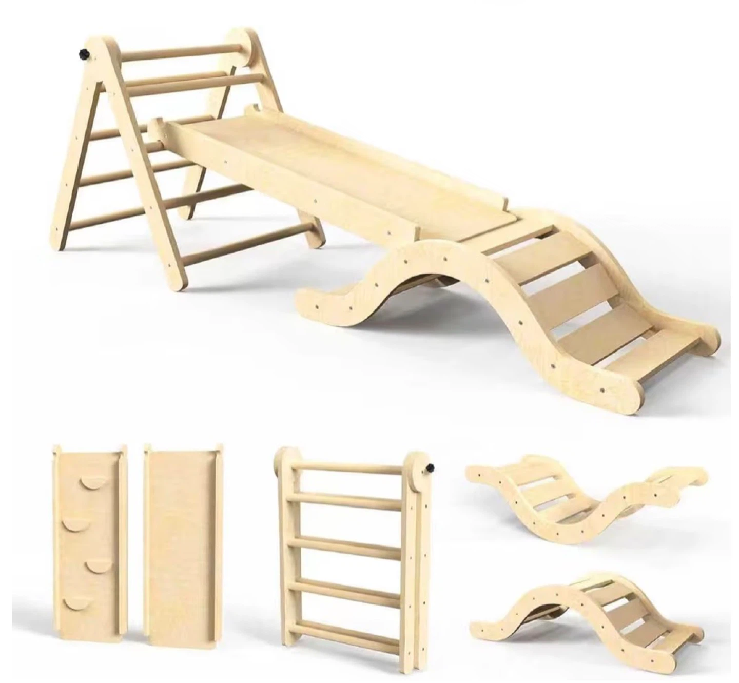 Wooden Pikler Triangle Climber with Slide and Rocker Set
