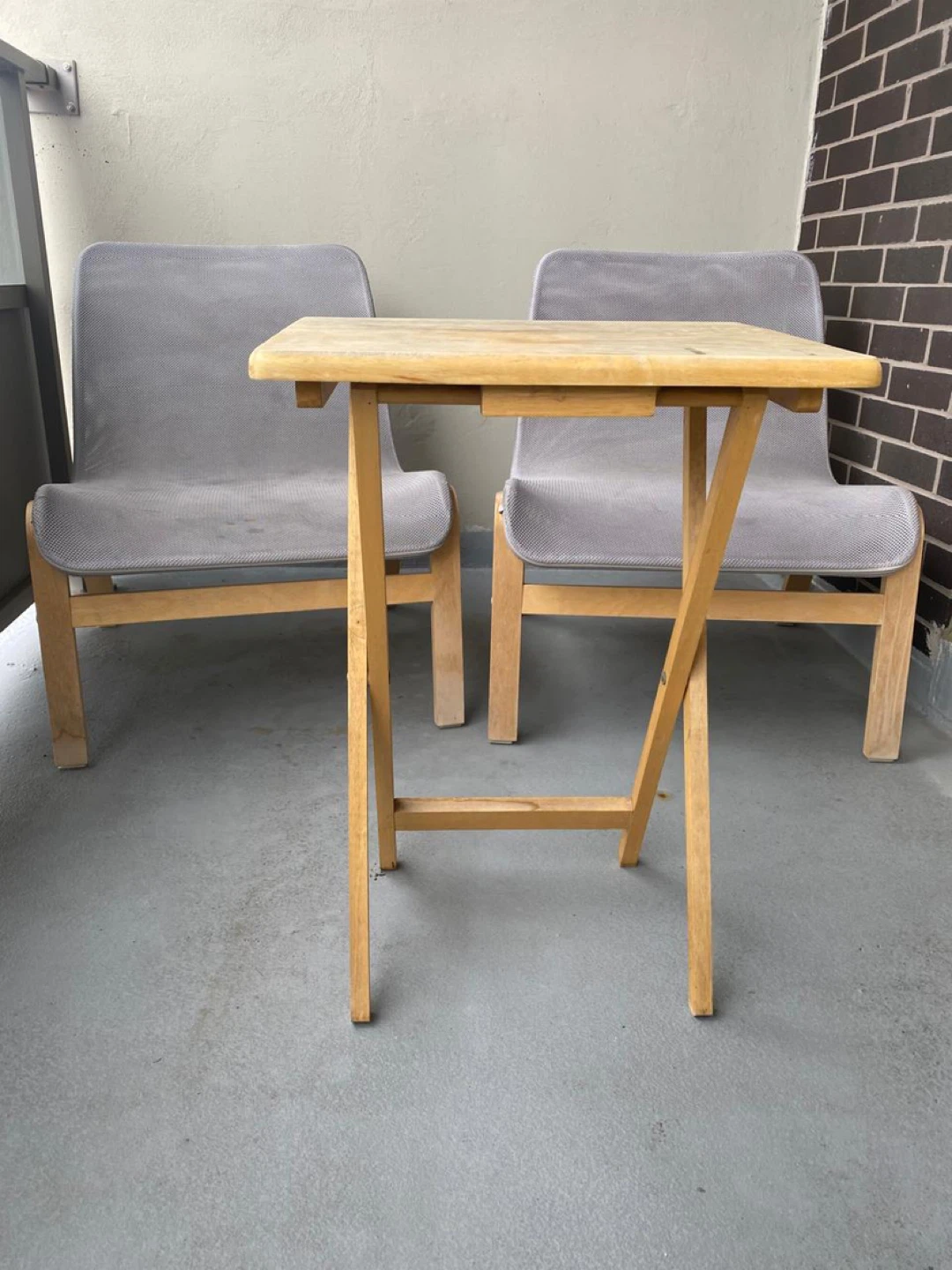 Wooden Folding Table and 2 Grey Chairs