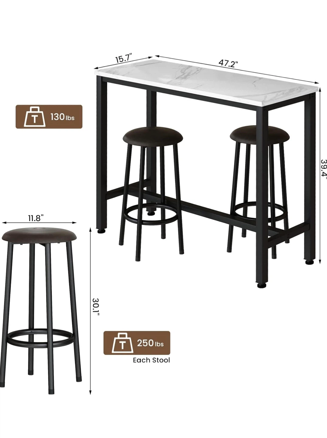 39.4" Bar Table with 2 Stools - photo 2
