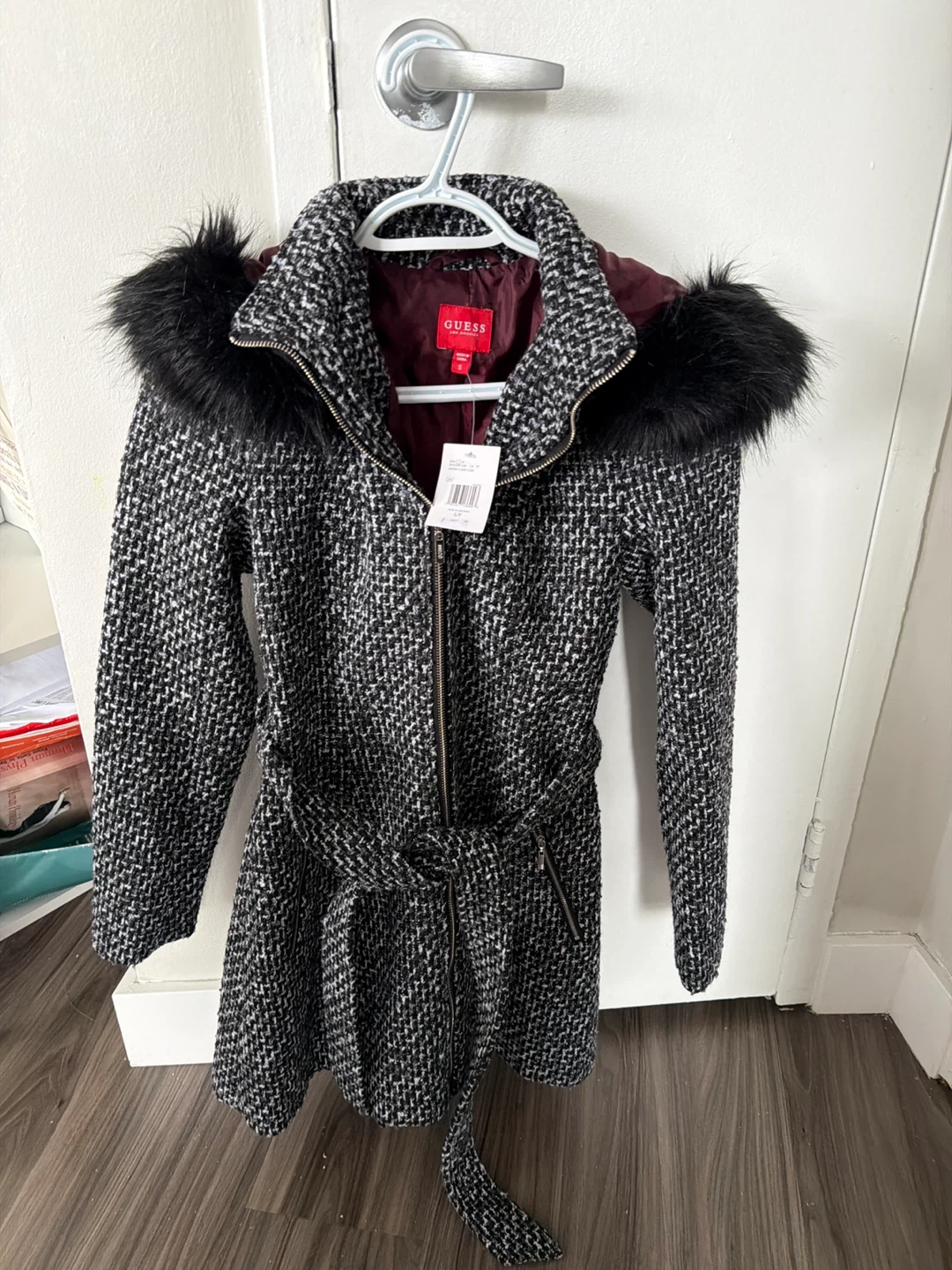 Guess Women's Tweed Coat with Faux Fur Hood