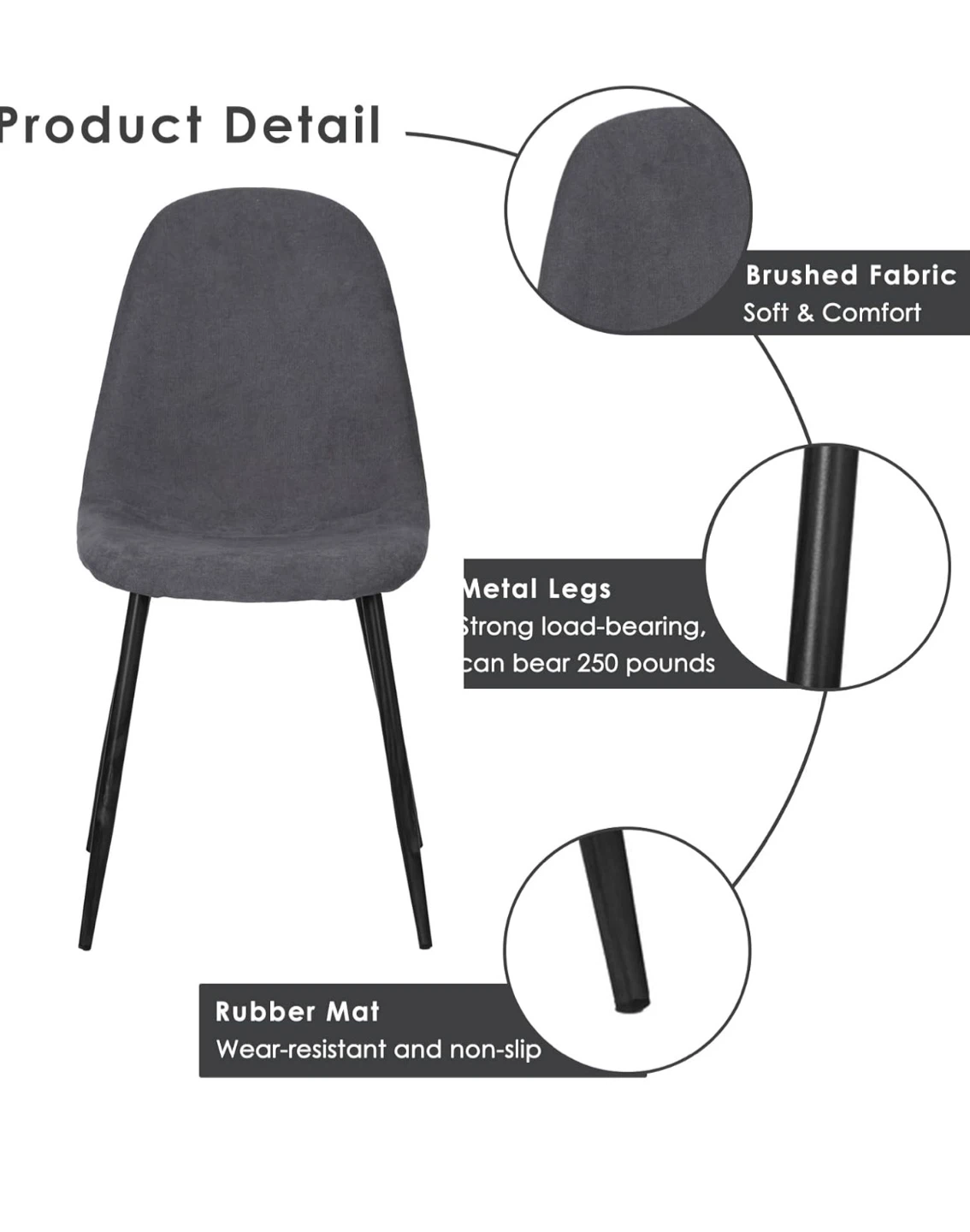 Set of 4 Grey Upholstered Dining Chairs with Black Metal Legs - photo 2