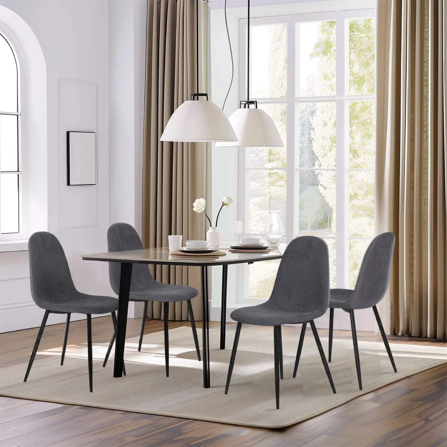 Set of 4 Grey Upholstered Dining Chairs with Black Metal Legs
