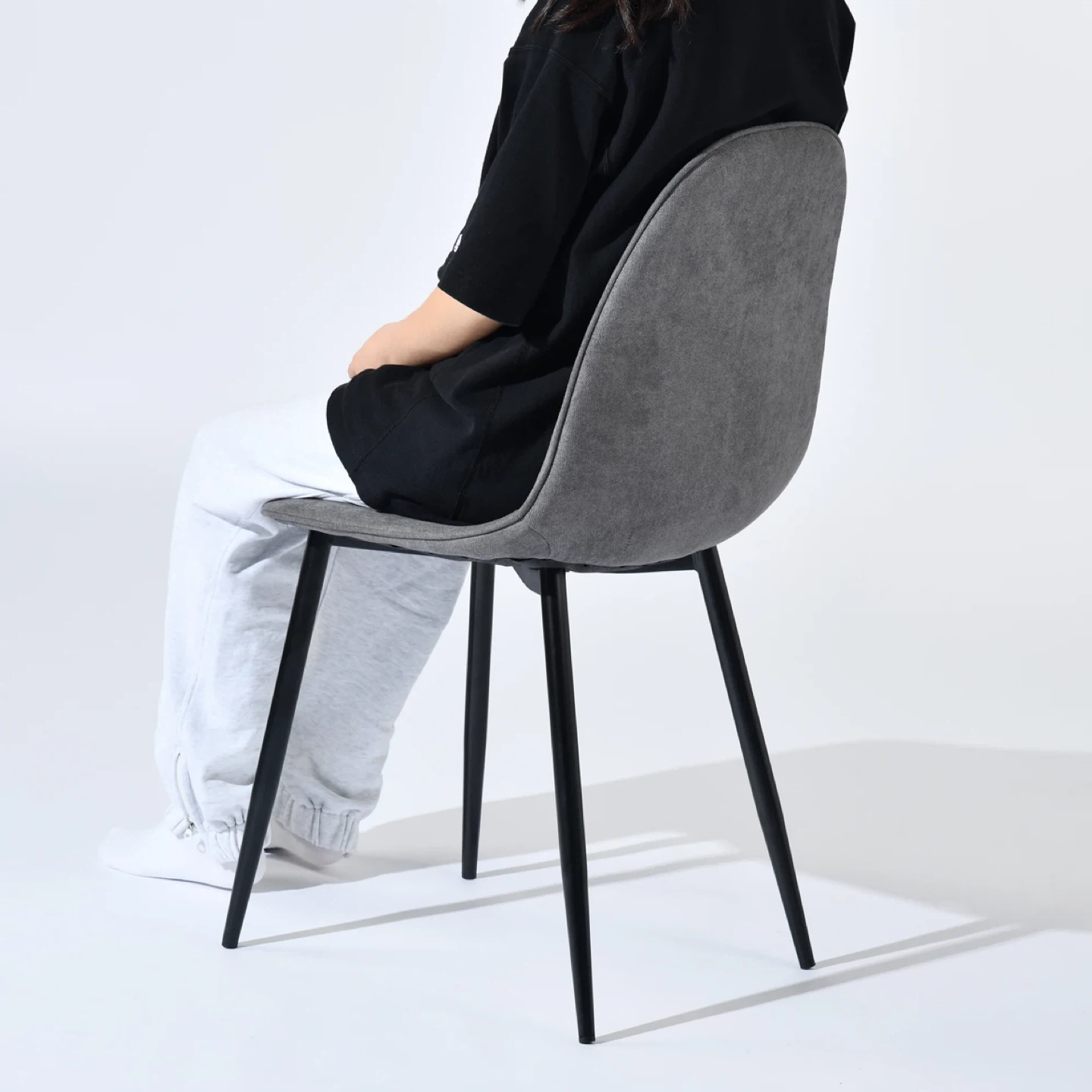Set of 4 Grey Upholstered Dining Chairs with Black Metal Legs - photo 5