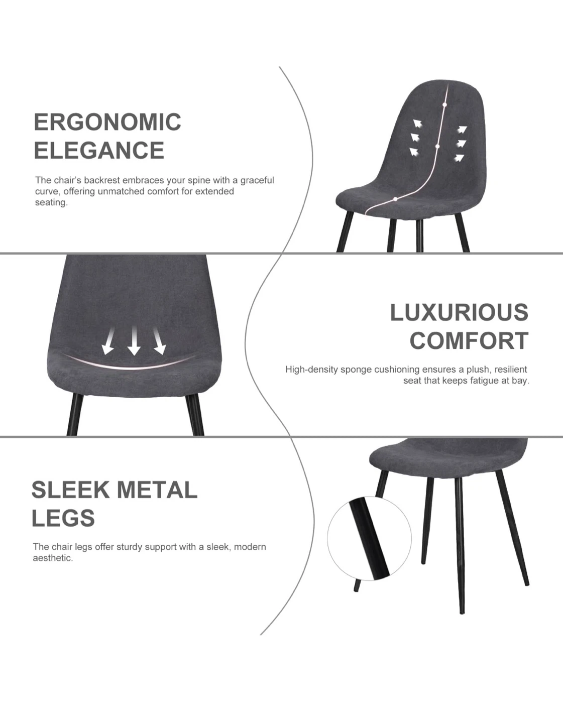 Set of 4 Grey Upholstered Dining Chairs with Black Metal Legs - photo 3