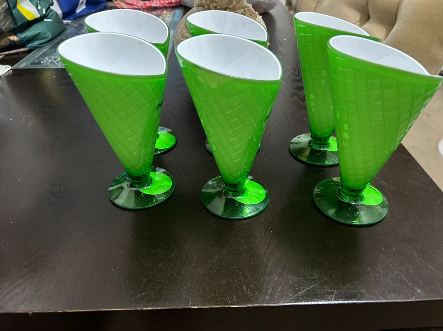 New Set of 6 Green Ice Cream Cone Glasses