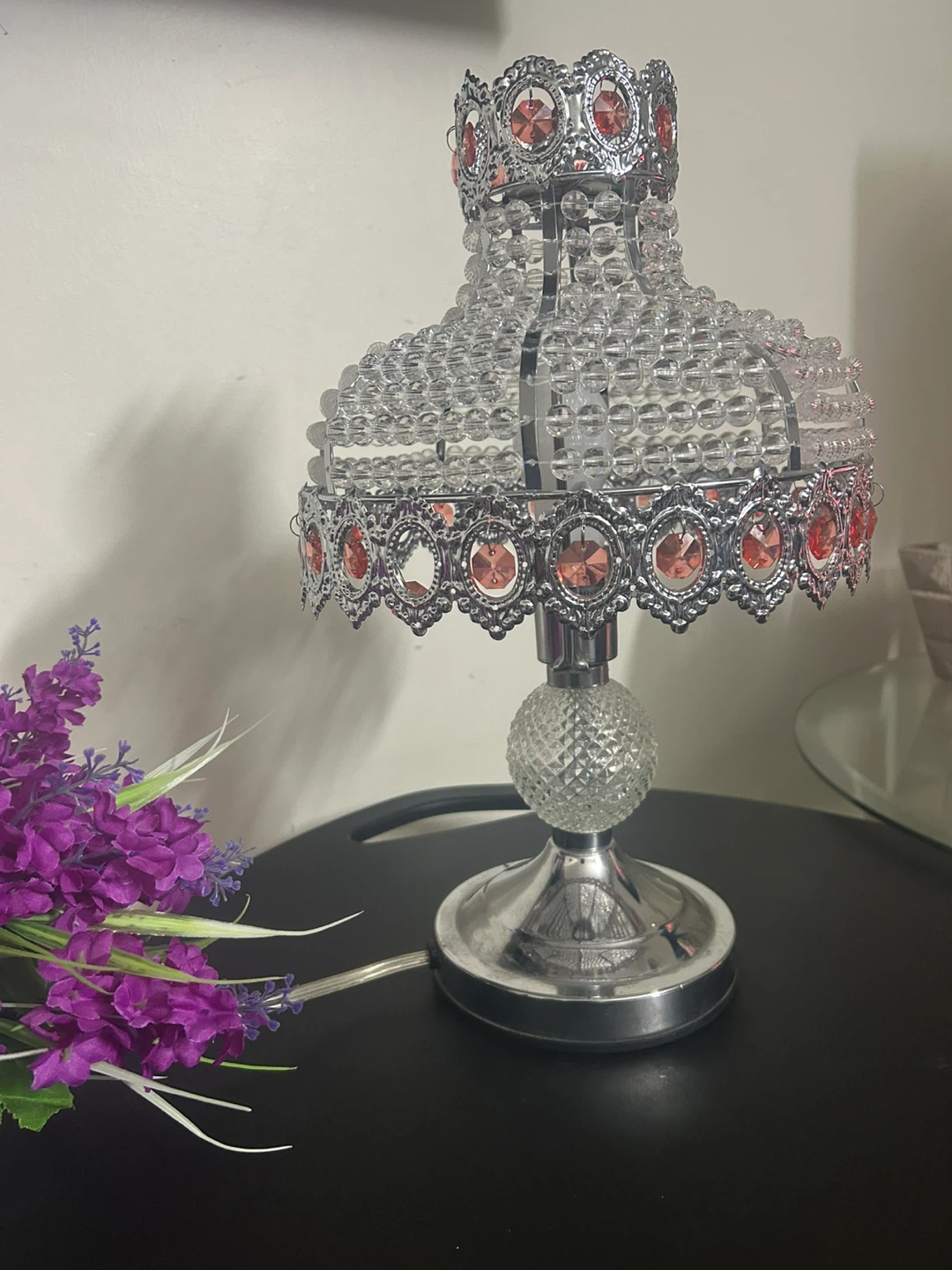 Crystal Beaded Table Lamp with Red Accents
