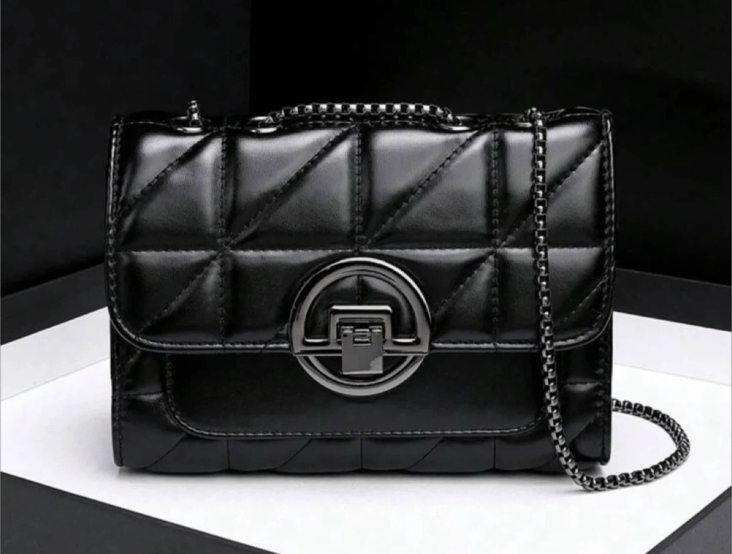 Black Quilted Shoulder Bag with Chain Strap