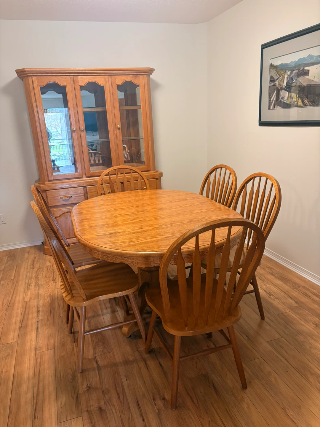 Oak Dining Table Set with Hutch and 6 Chairs