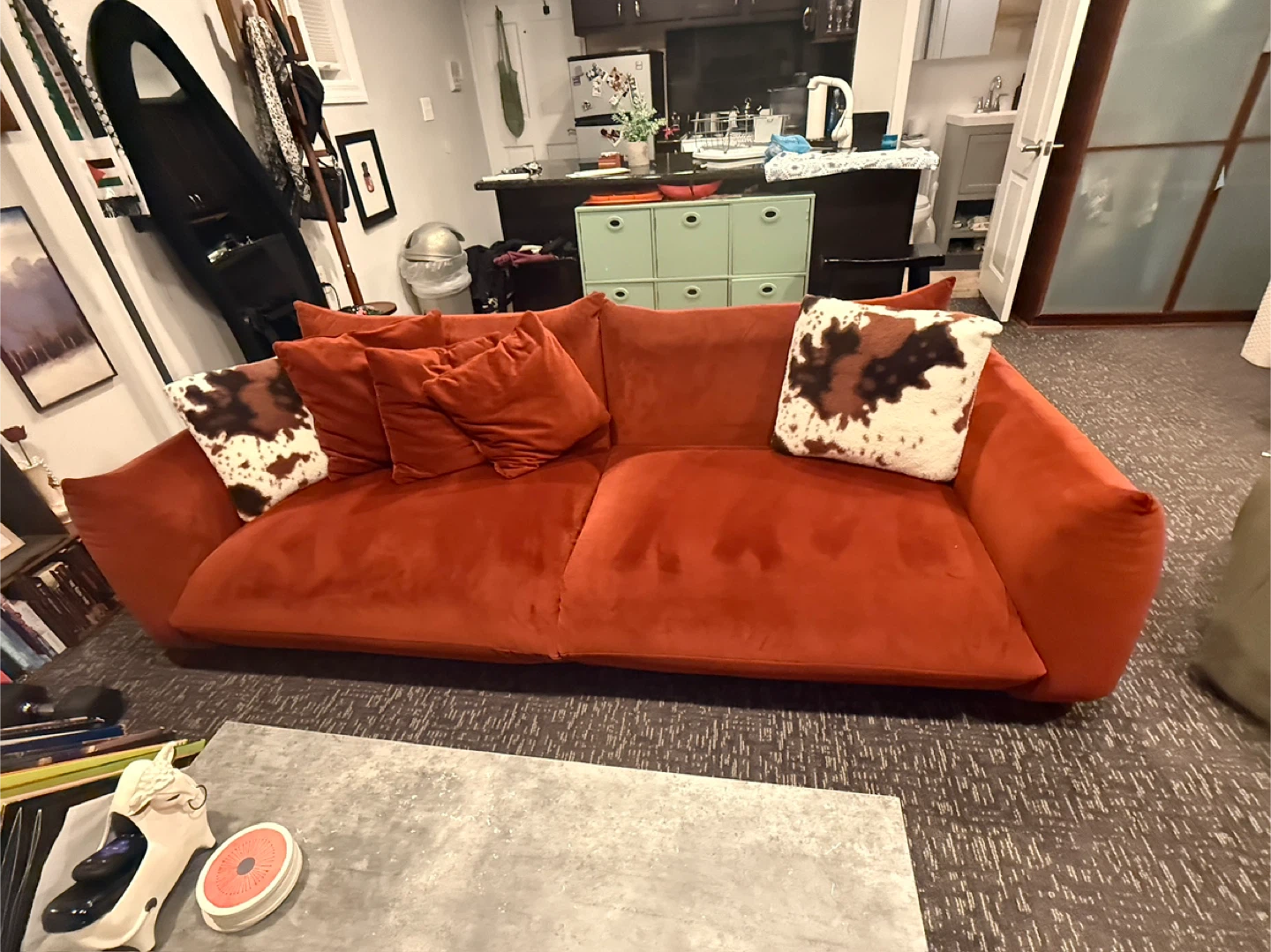 Orange Velvet Sofa Couch - photo 4