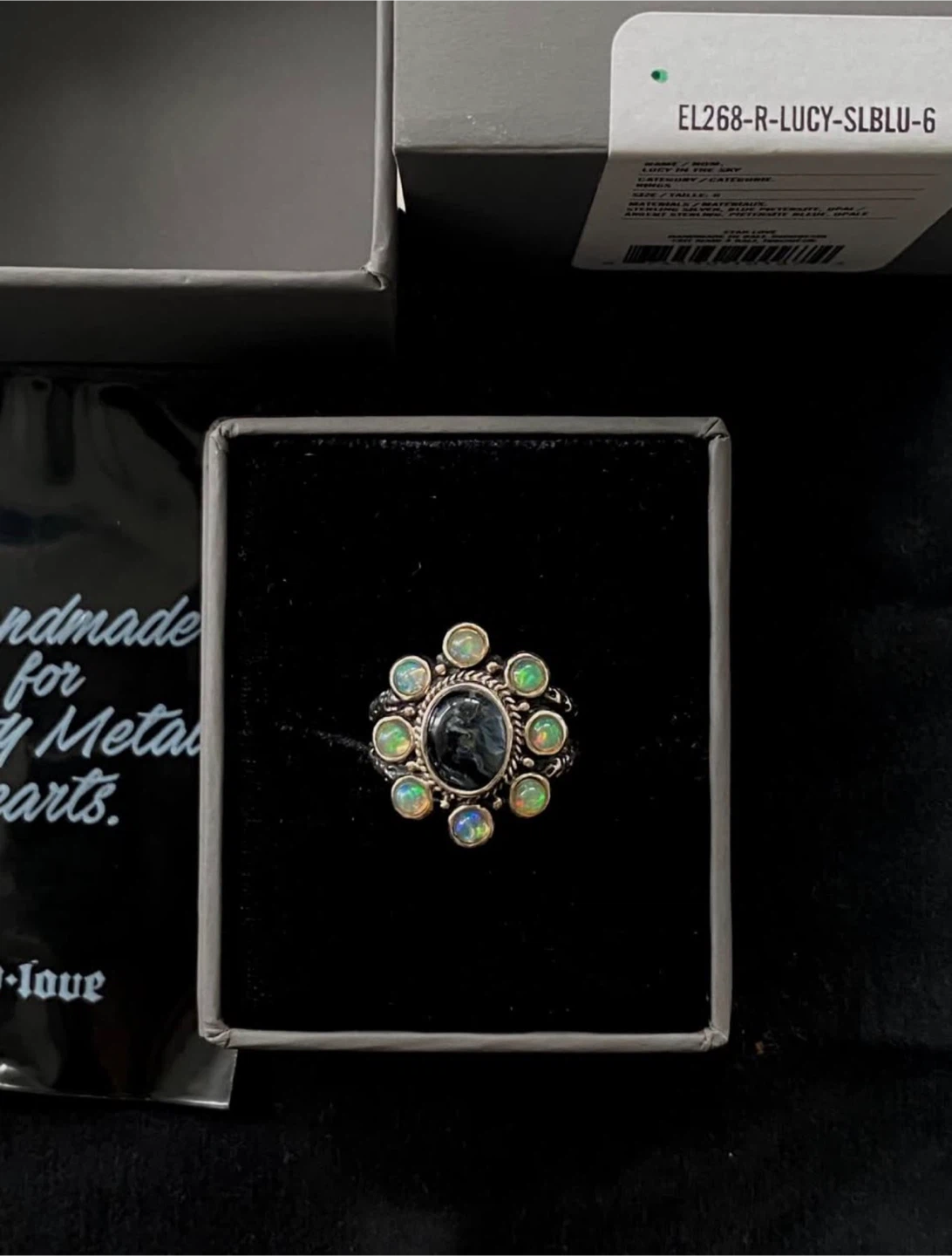 Silver Ring with Blue Stone and Opals