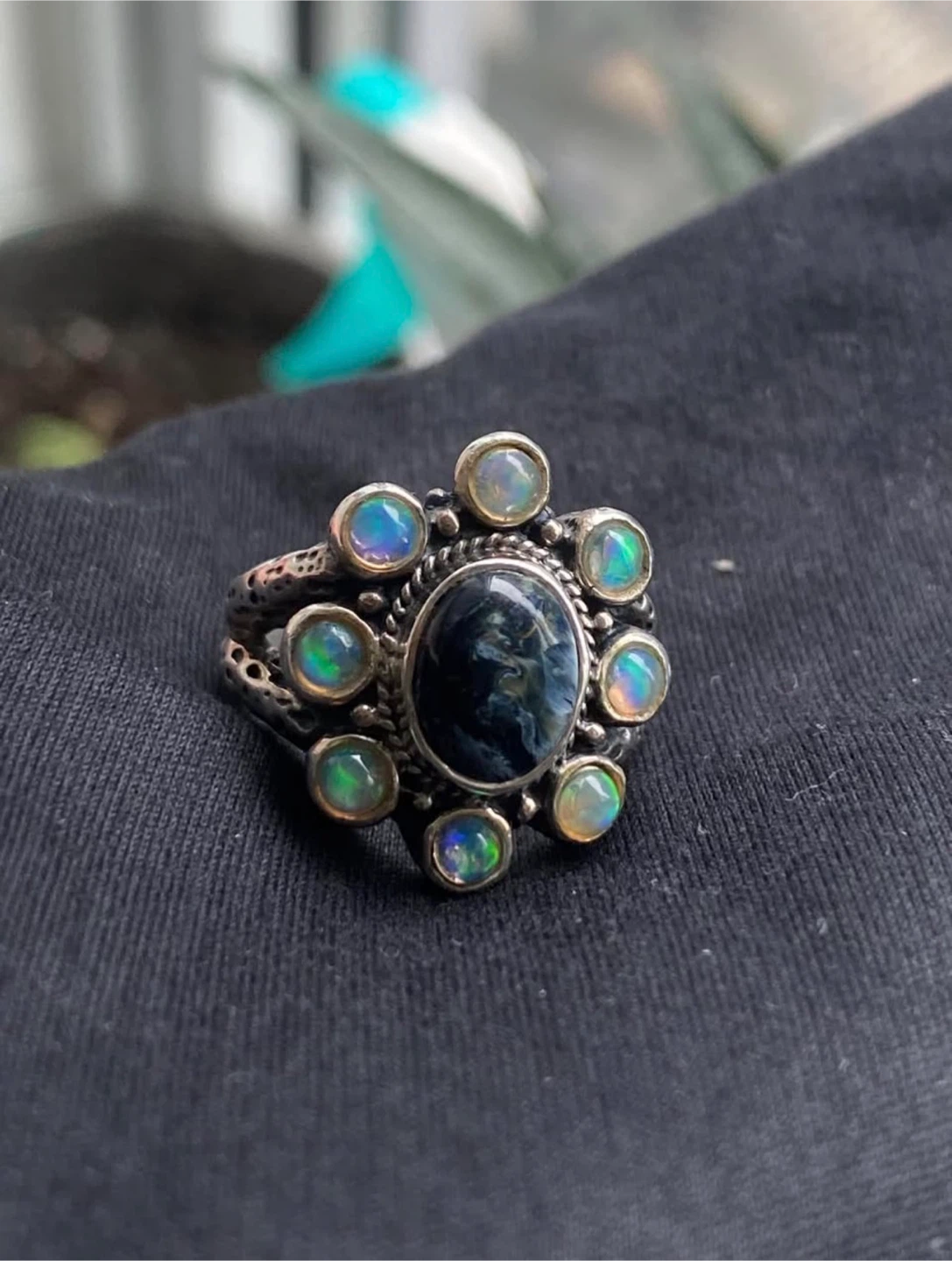 Silver Ring with Blue Stone and Opals - photo 2