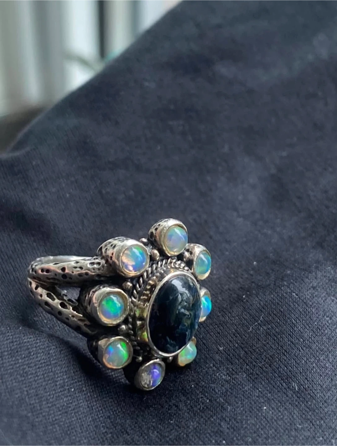 Silver Ring with Blue Stone and Opals - photo 3