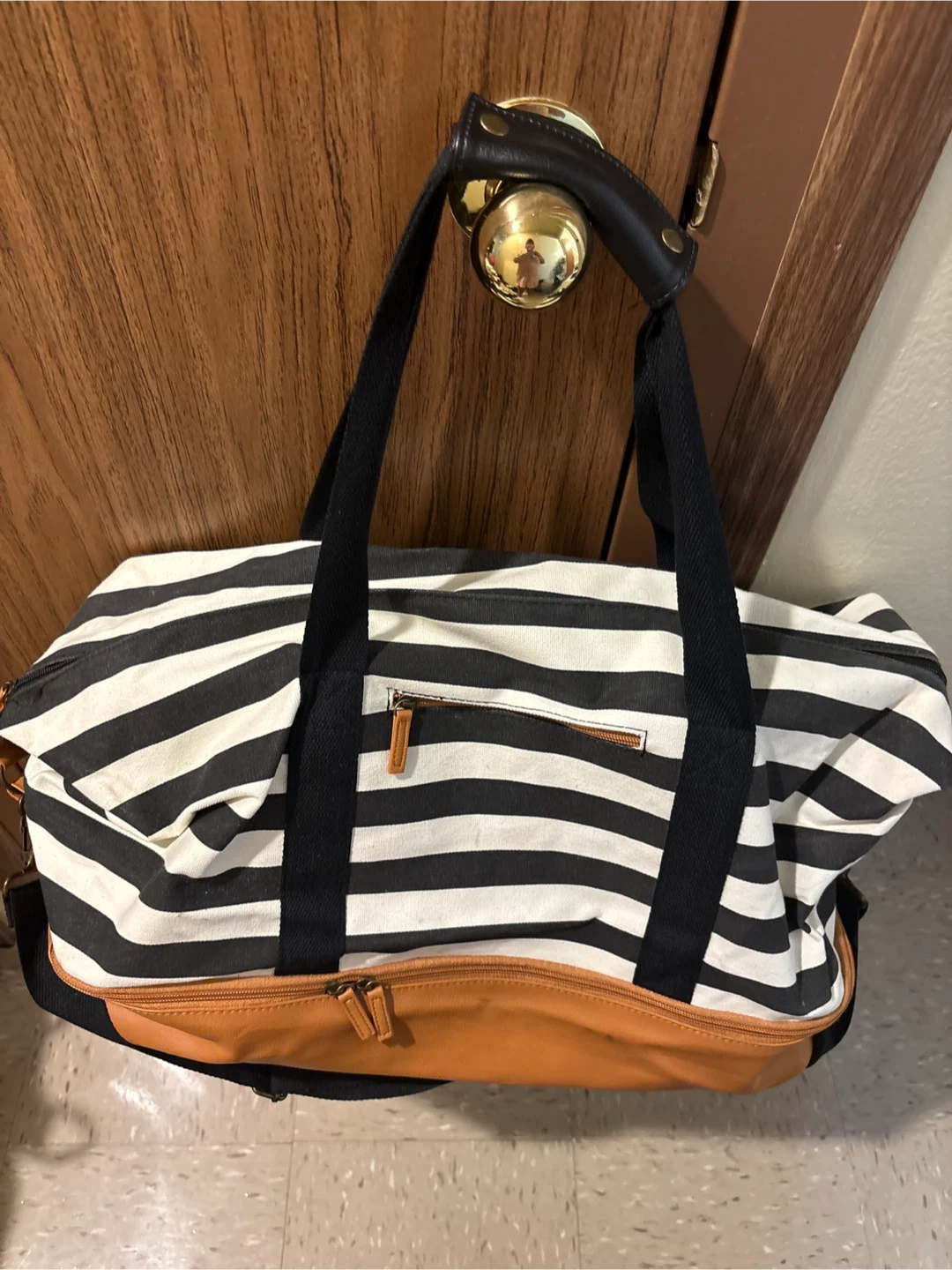 Striped Duffle Bag with Faux Leather Trim 🥕
