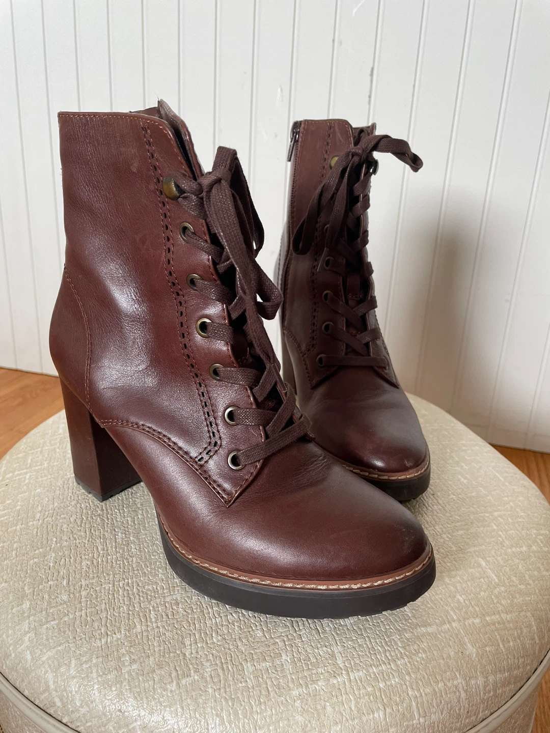 Naturalizer Chocolate Leather Lace-Up Mid Calf Heeled Boots