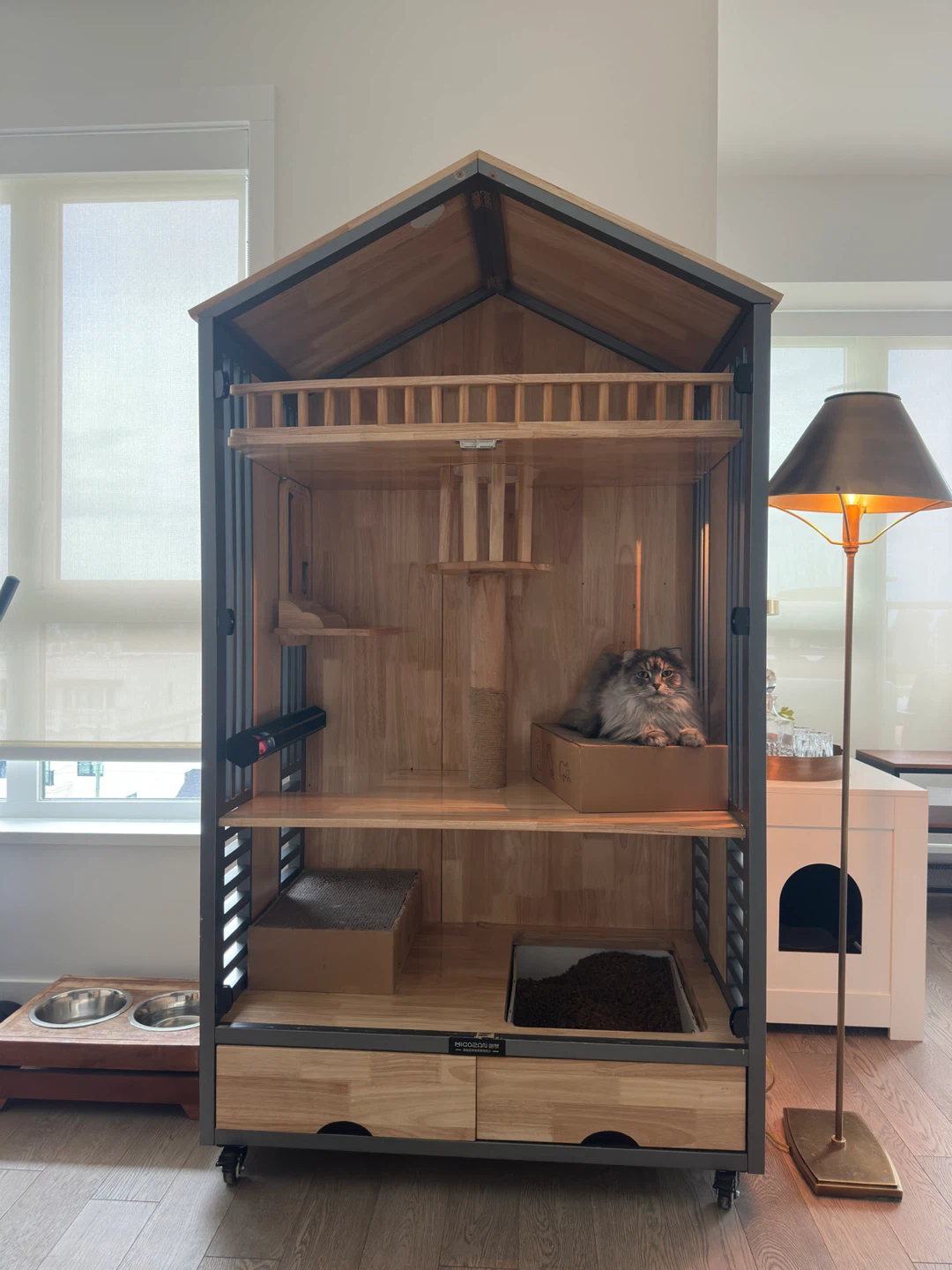 Luxury Wooden Cat Condo with Litter Box and Scratching Post