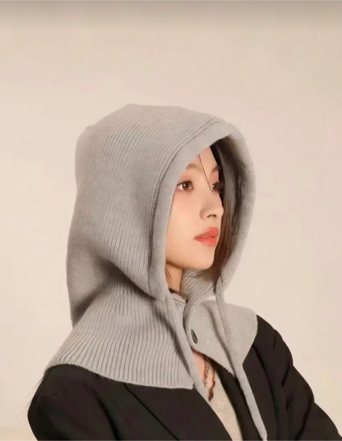 Gray Knit Hooded Scarf Balaclava