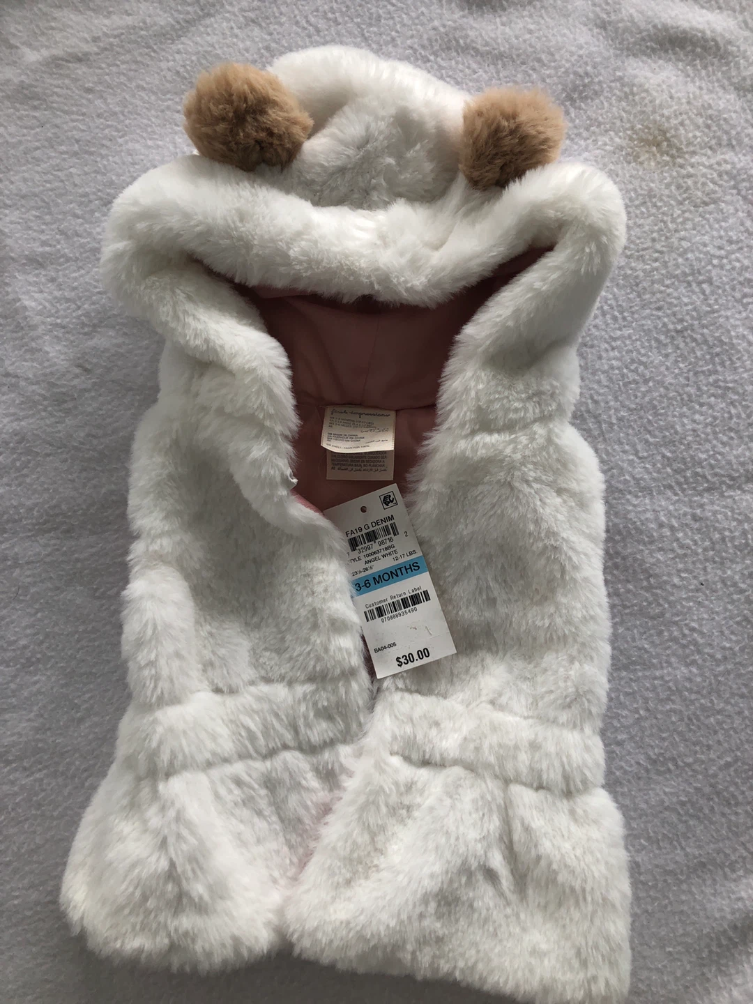 Baby Faux Fur Vest with Hood - 3-6 Months
