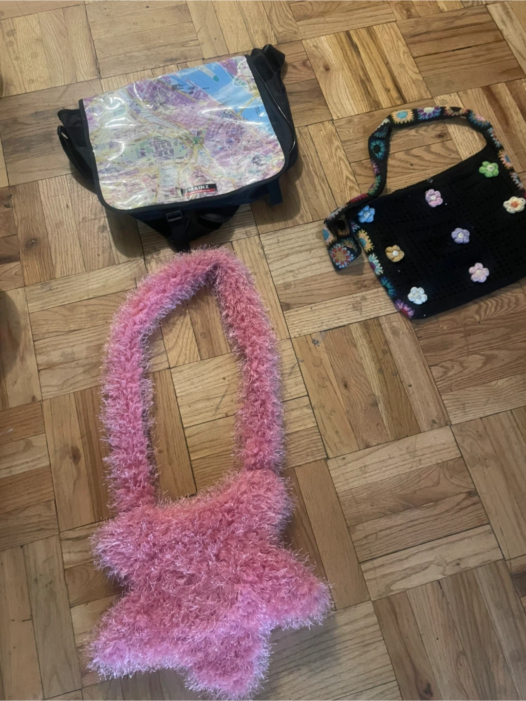 Floral bag , fuzzy bag , maps bag