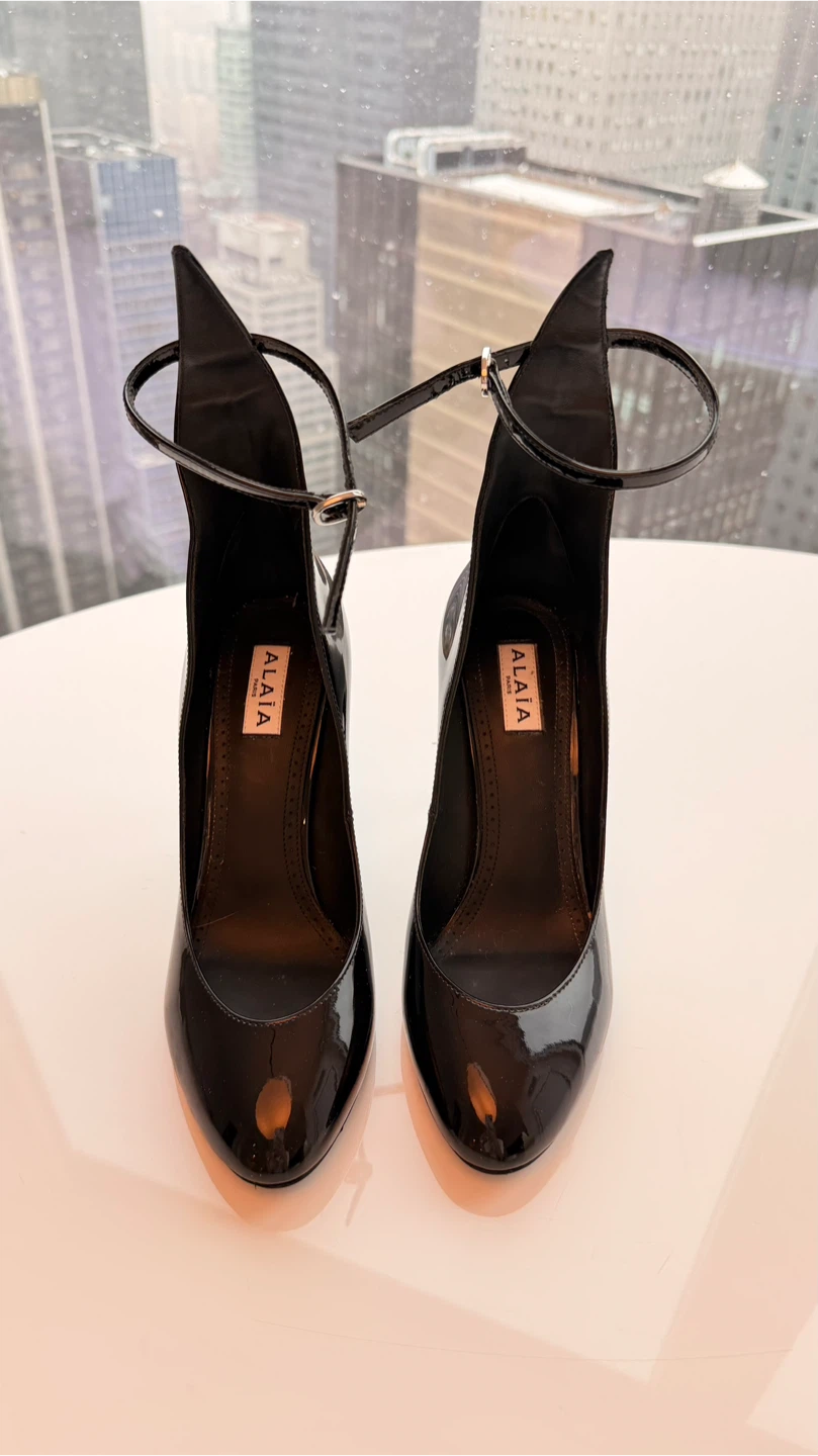 ALAÏA Black Patent Leather Ankle Strap Heels