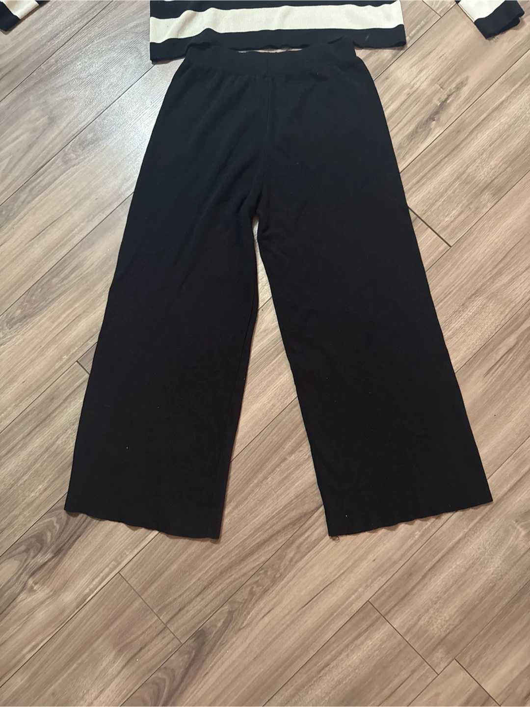 Black and White Striped Collared Shirt and Wide Leg Pants Set - photo 3
