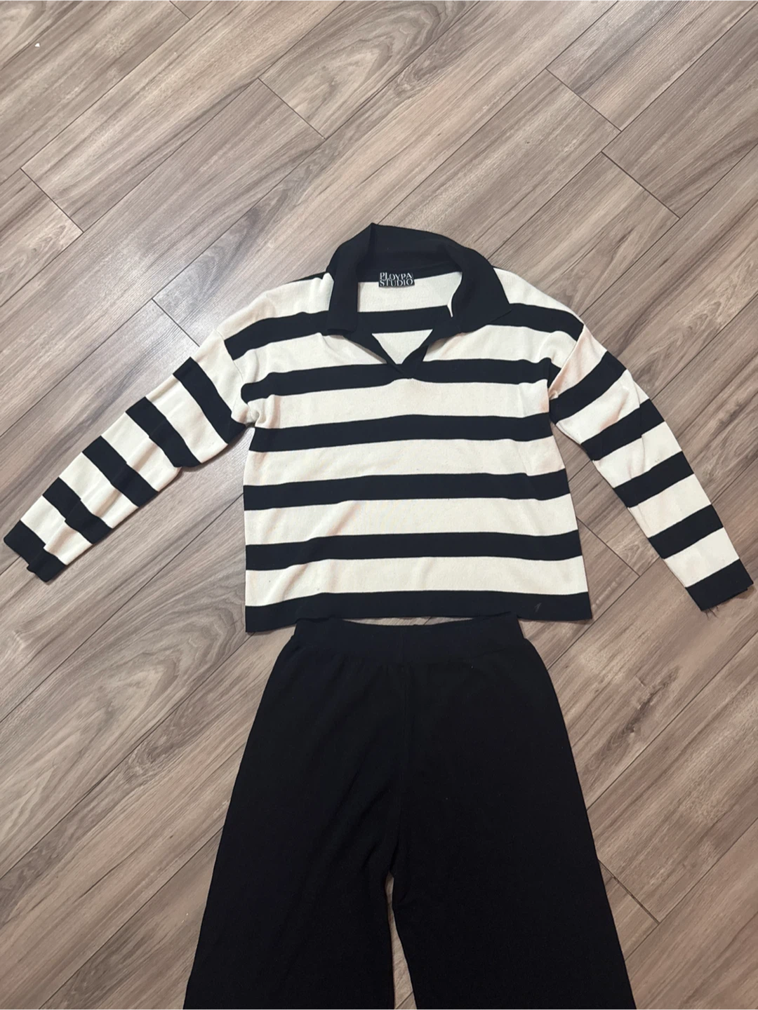 Black and White Striped Collared Shirt and Wide Leg Pants Set - photo 2