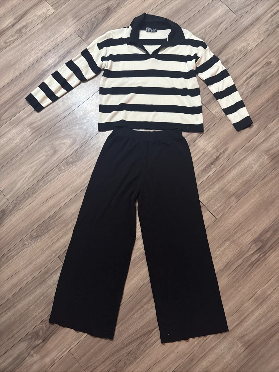 Black and White Striped Collared Shirt and Wide Leg Pants Set