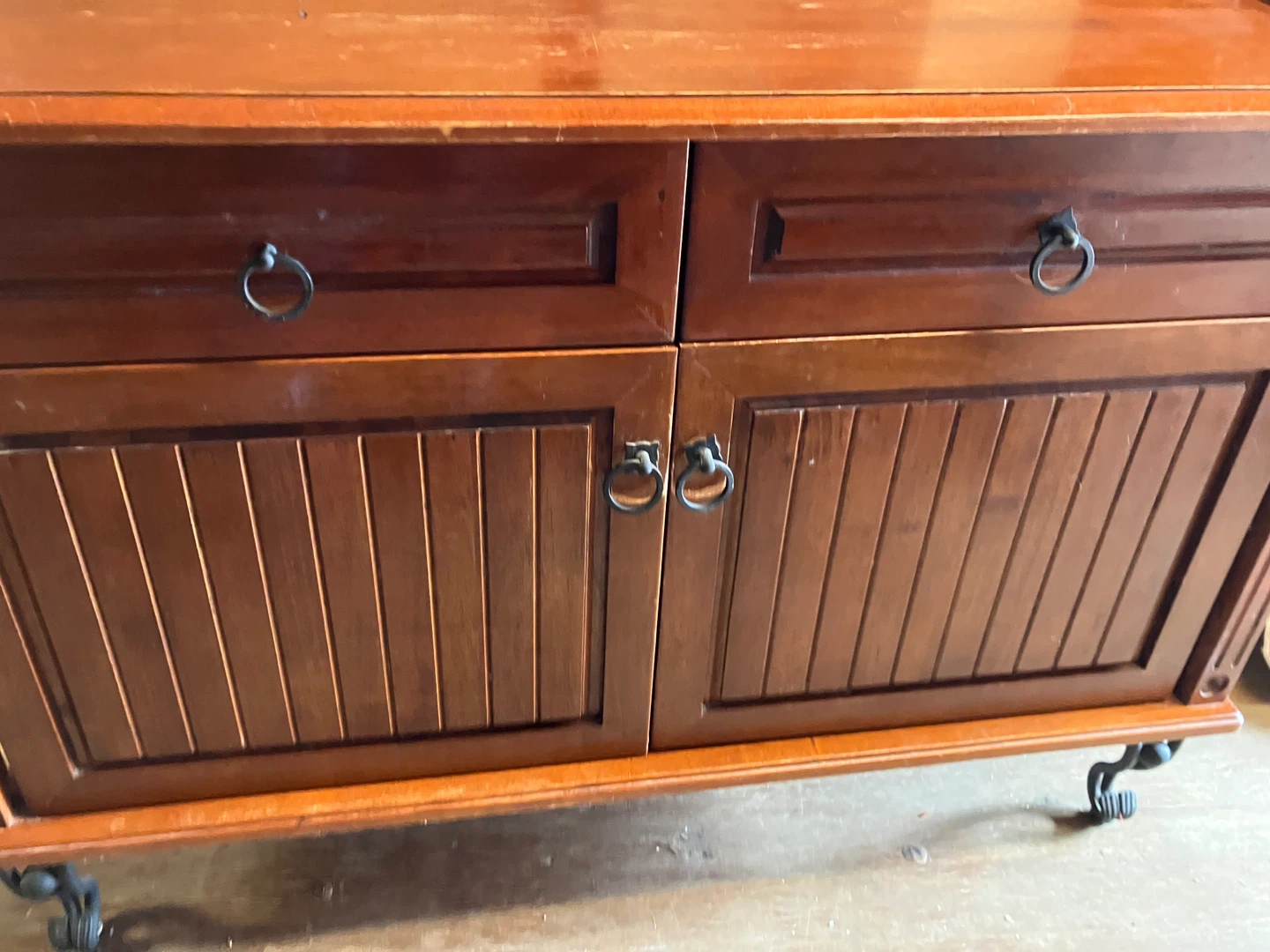wood sideboard made in Malaysia cast iron legs and handles