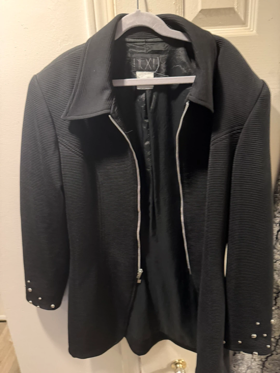 Black Textured Jacket with Silver Studs and Patterned Pants Set - photo 2