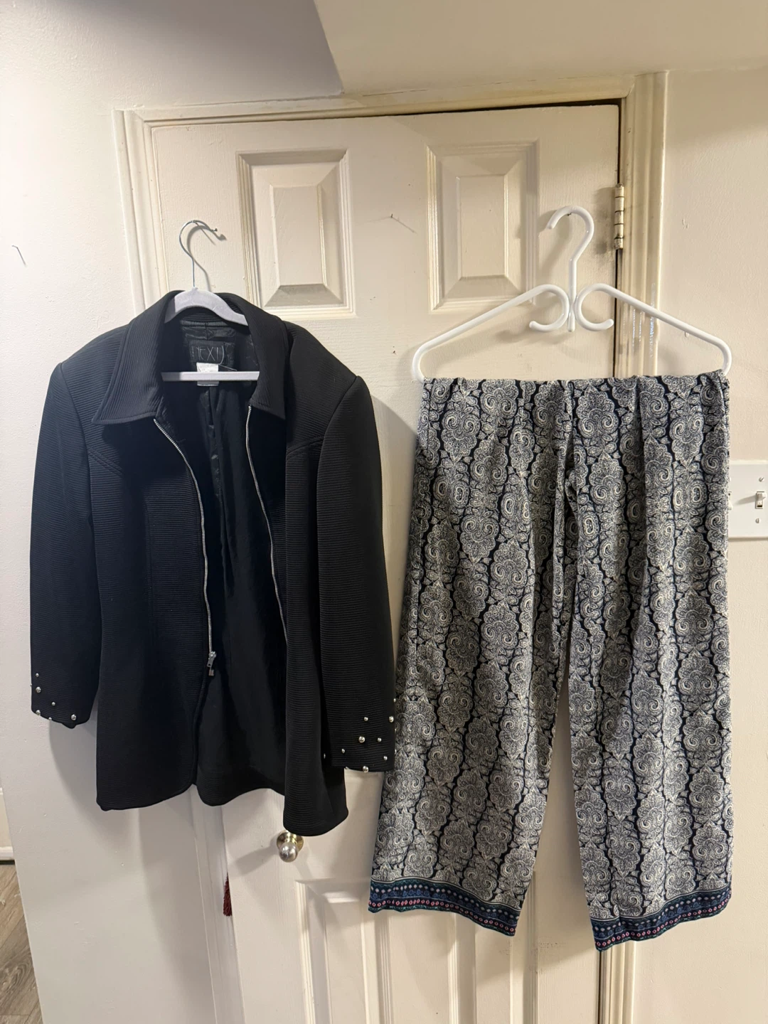 Black Textured Jacket with Silver Studs and Patterned Pants Set