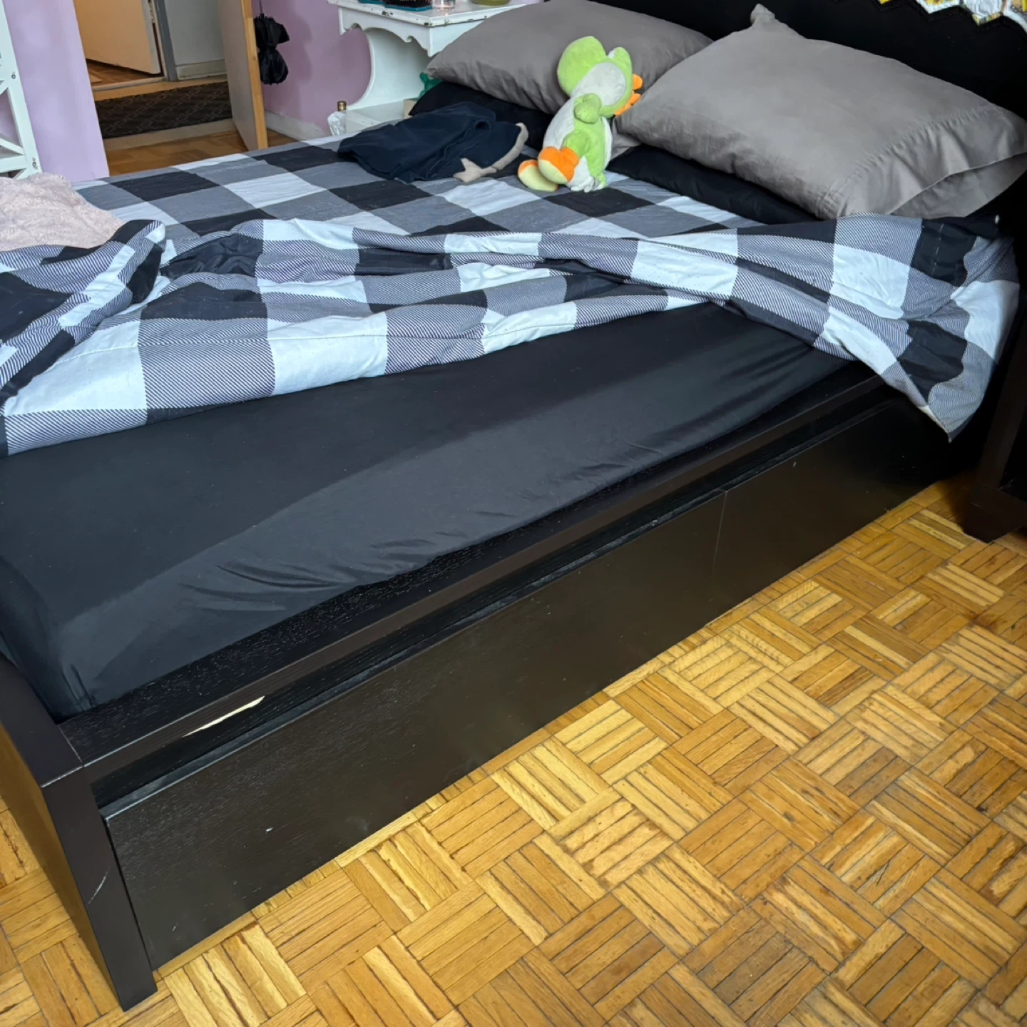 Black Ikea Double bed with 4 Under Bed drawers