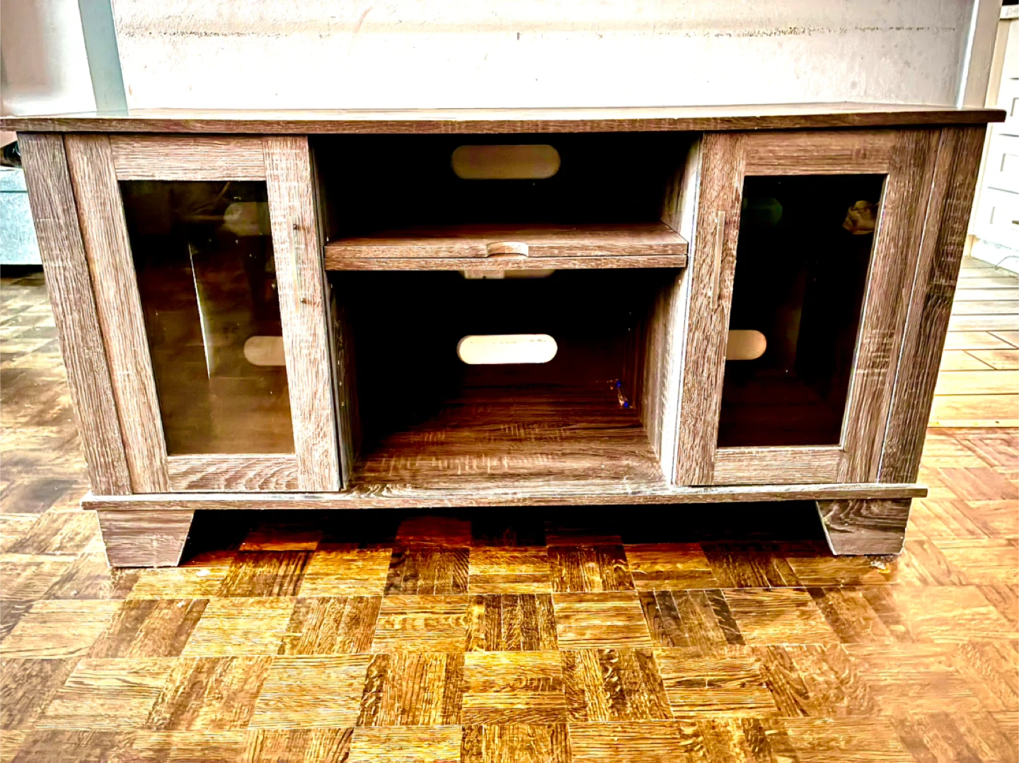 Wooden Media Console with Glass Doors