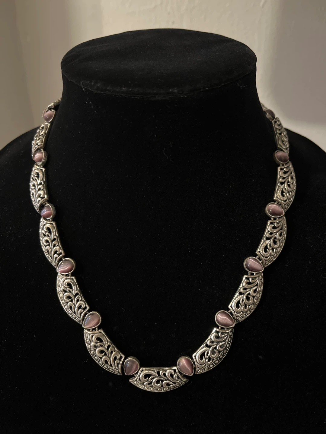 Vintage silver tone statement necklace with purple stones