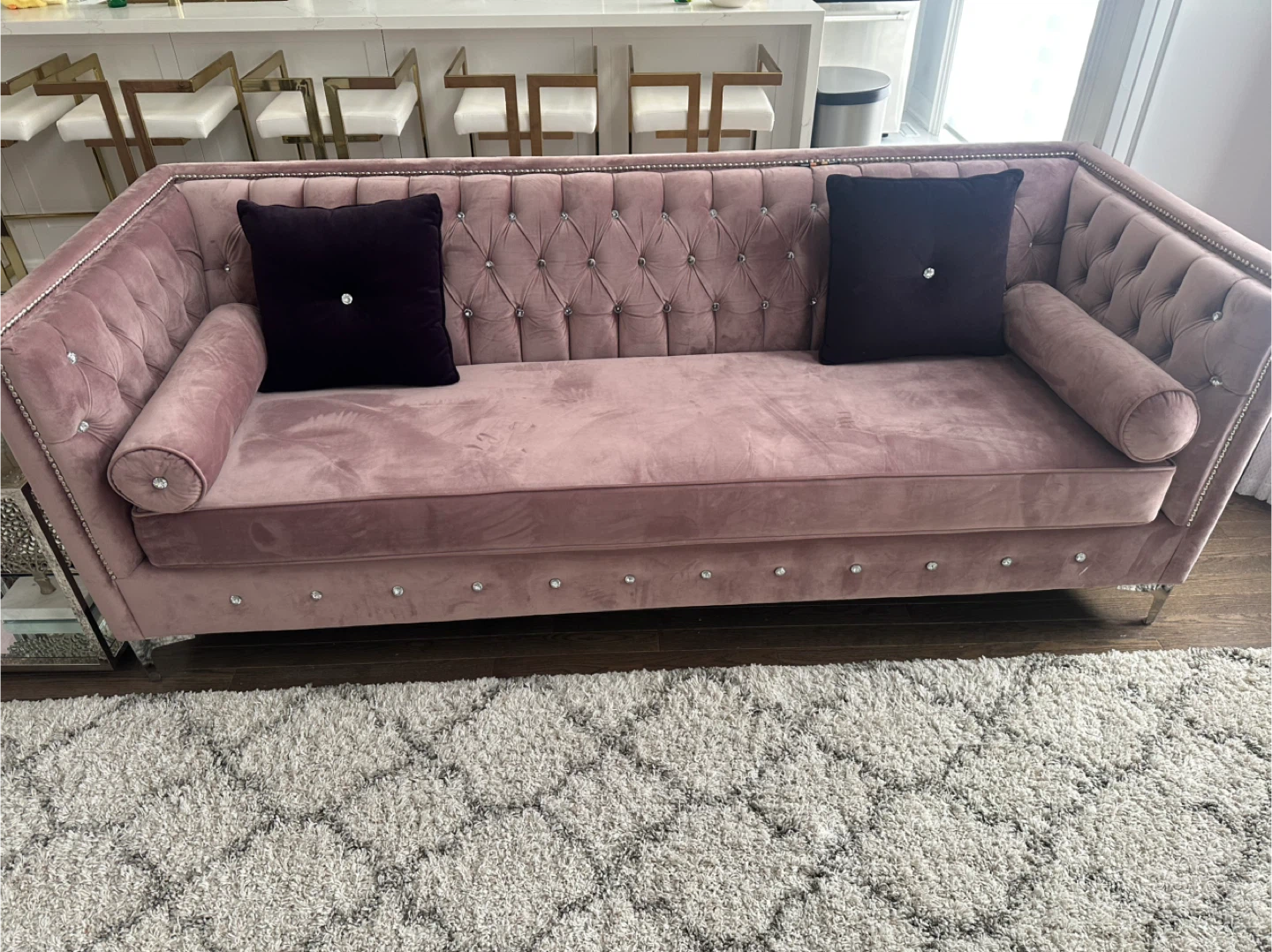 Pink Velvet Tufted Sofa with Crystal Accents