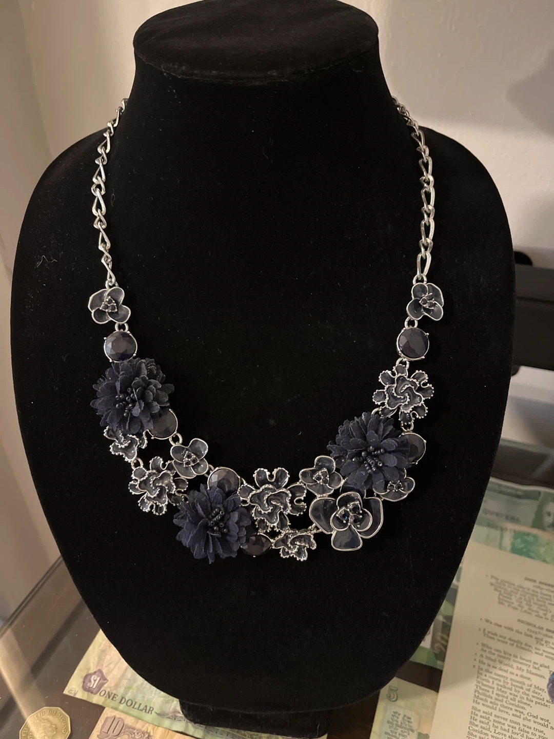 Talbots Navy Blue Chunky Floral Statement Necklace