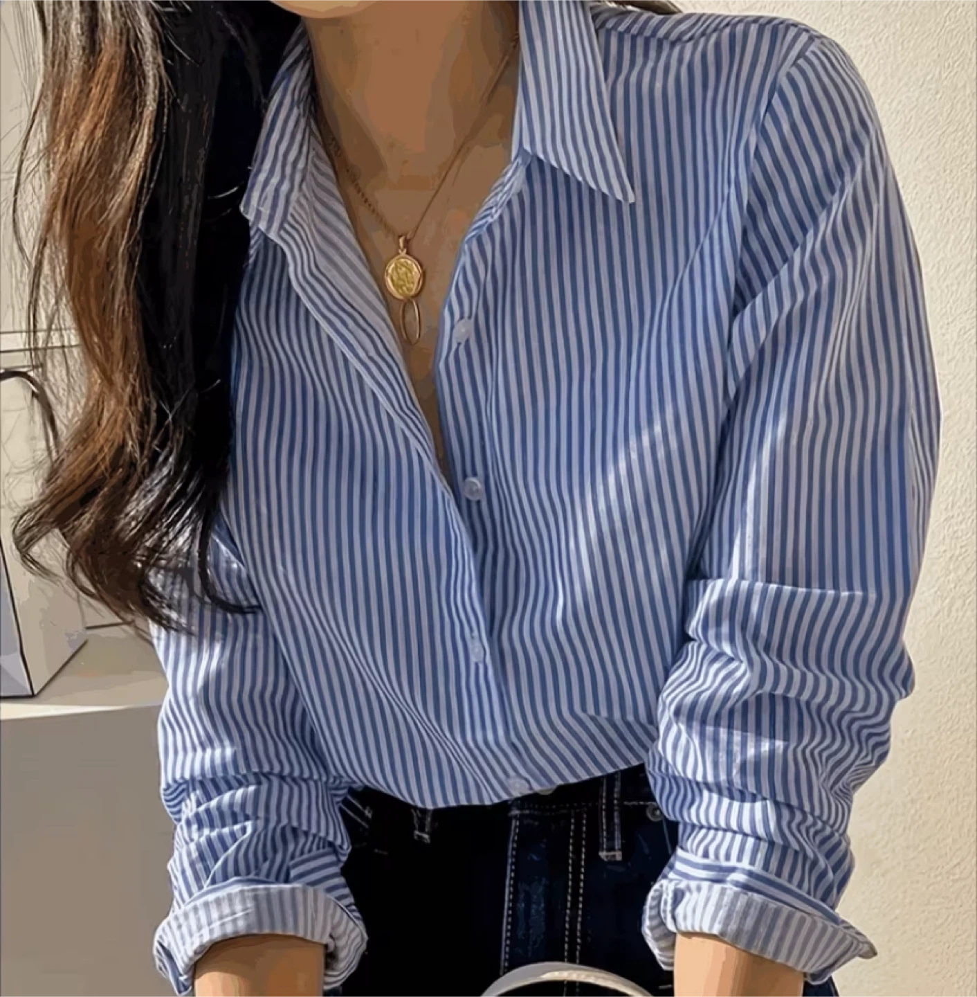 Blue and White Striped Button-Up Shirt