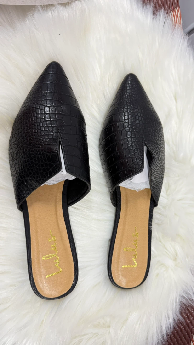 Lulus Jaelyn Black Croc Pointed Toe Mules Flats Size 10 - photo 3