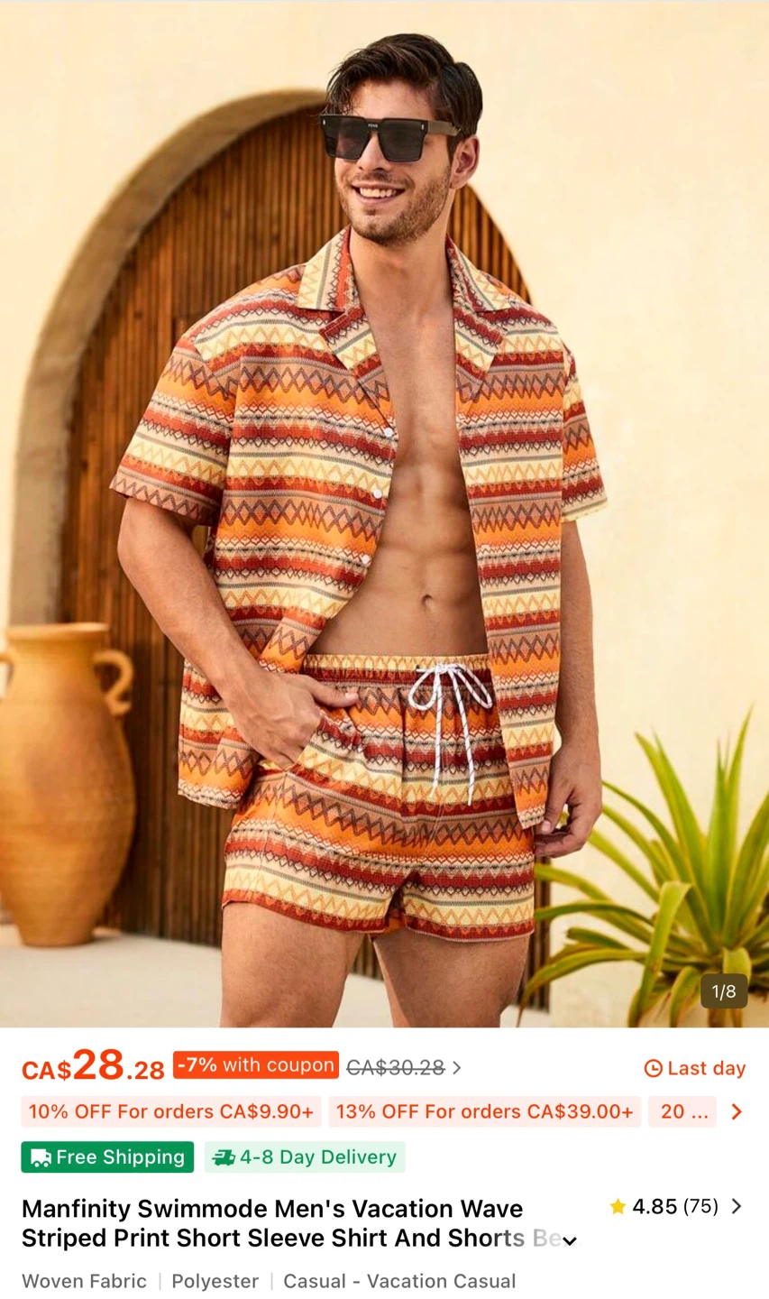 Manfinity Men's Vacation Wave Striped Shirt and Shorts Set