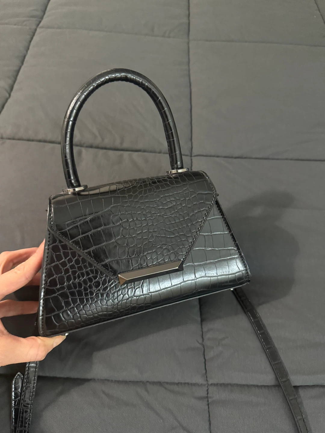 ALDO Black Croc-Embossed Mini Top Handle Bag