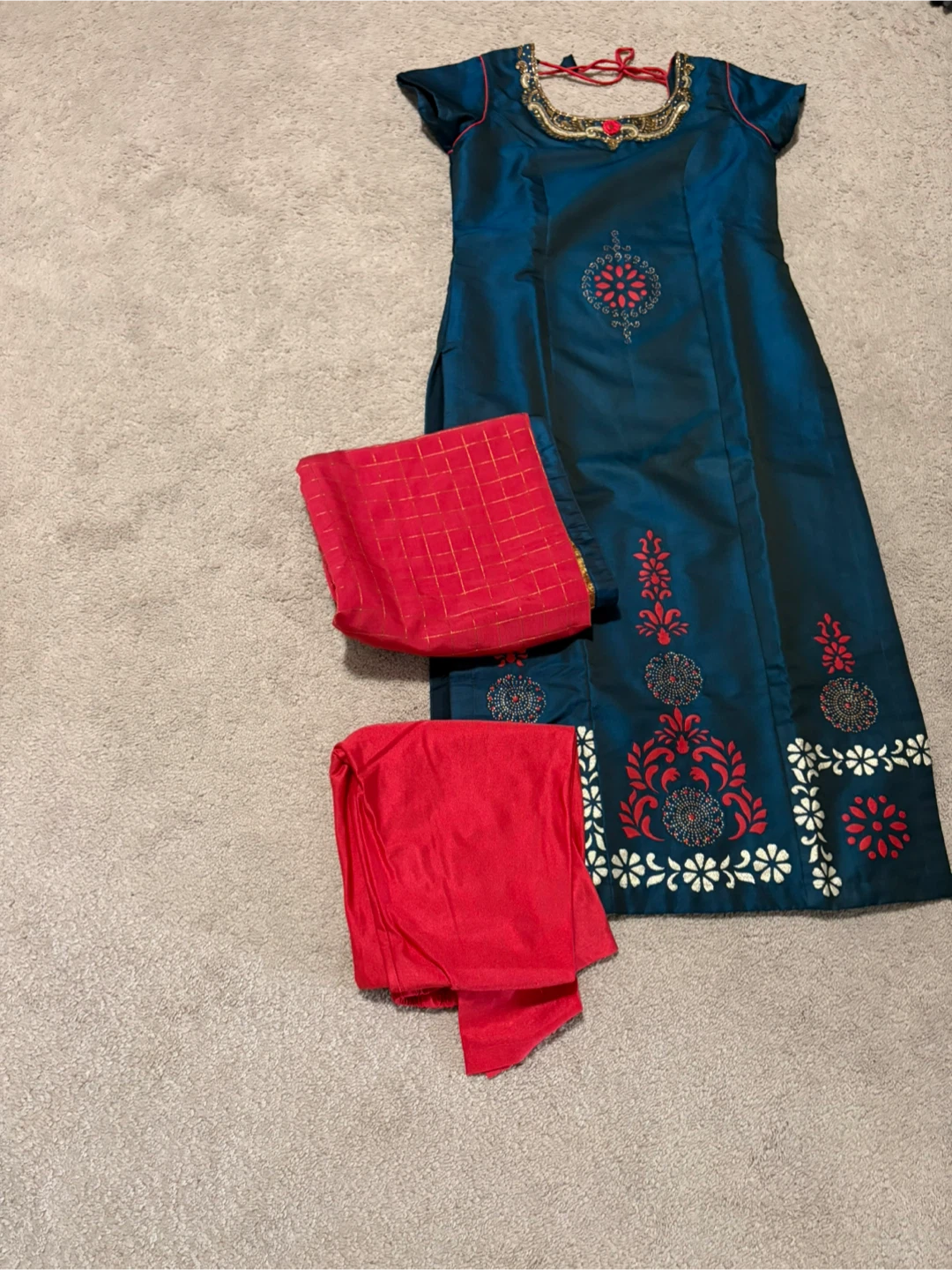 Teal and Red South Asian Salwar Kameez Set