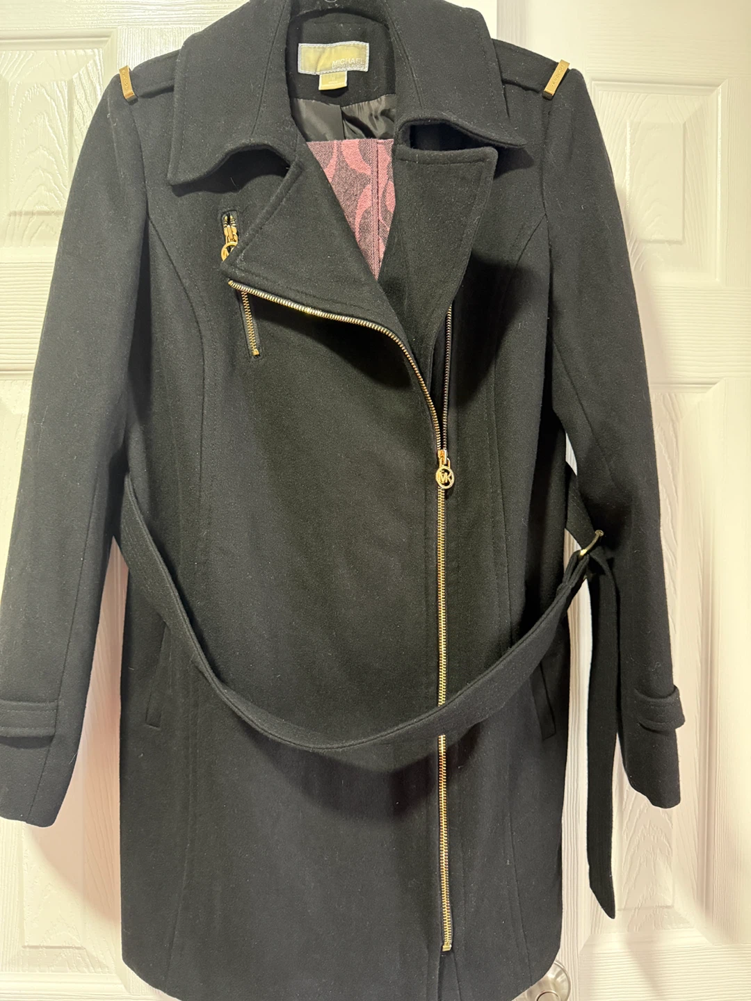 Michael Kors Black Wool Blend Moto Coat with Gold Hardware
