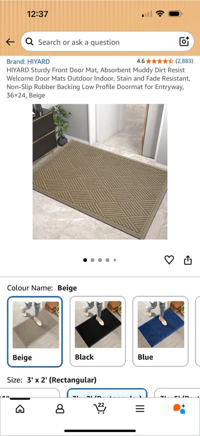 HIYARD Front Door Mat 36”x24” – Beige – NEW