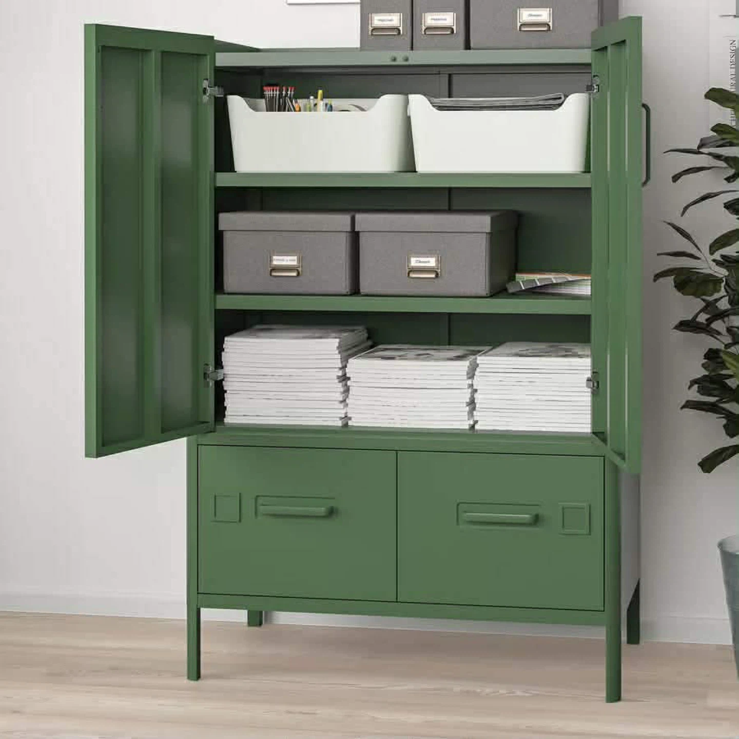 Green Storage Cabinet with Doors and Drawers