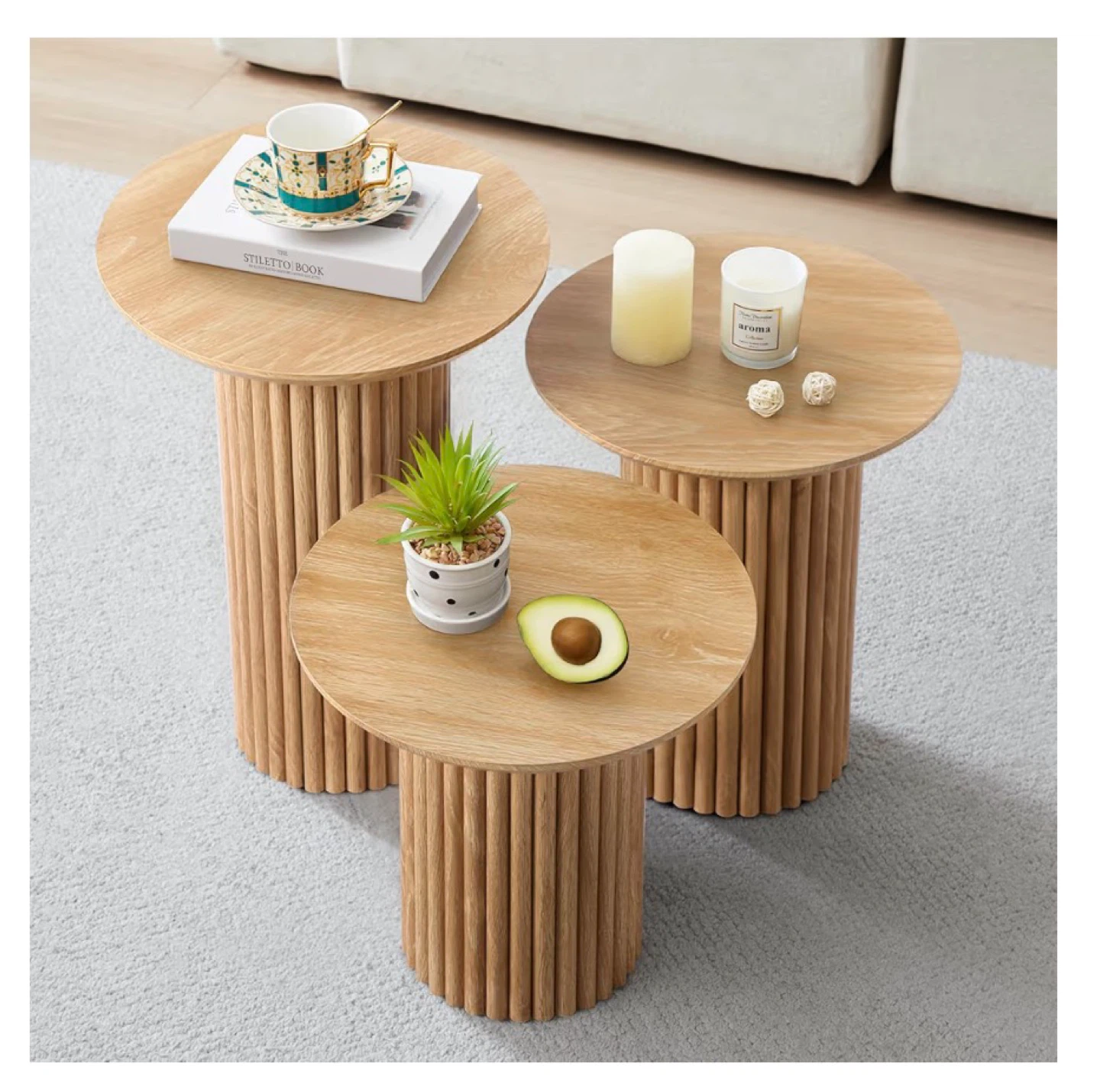 Set of 3 Round Wooden Side Tables - photo 4