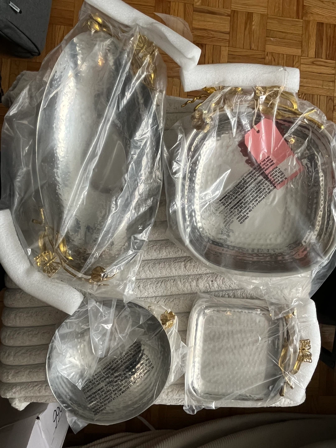 Hammered Metal Serving Trays with Gold Butterfly & Rose Handles