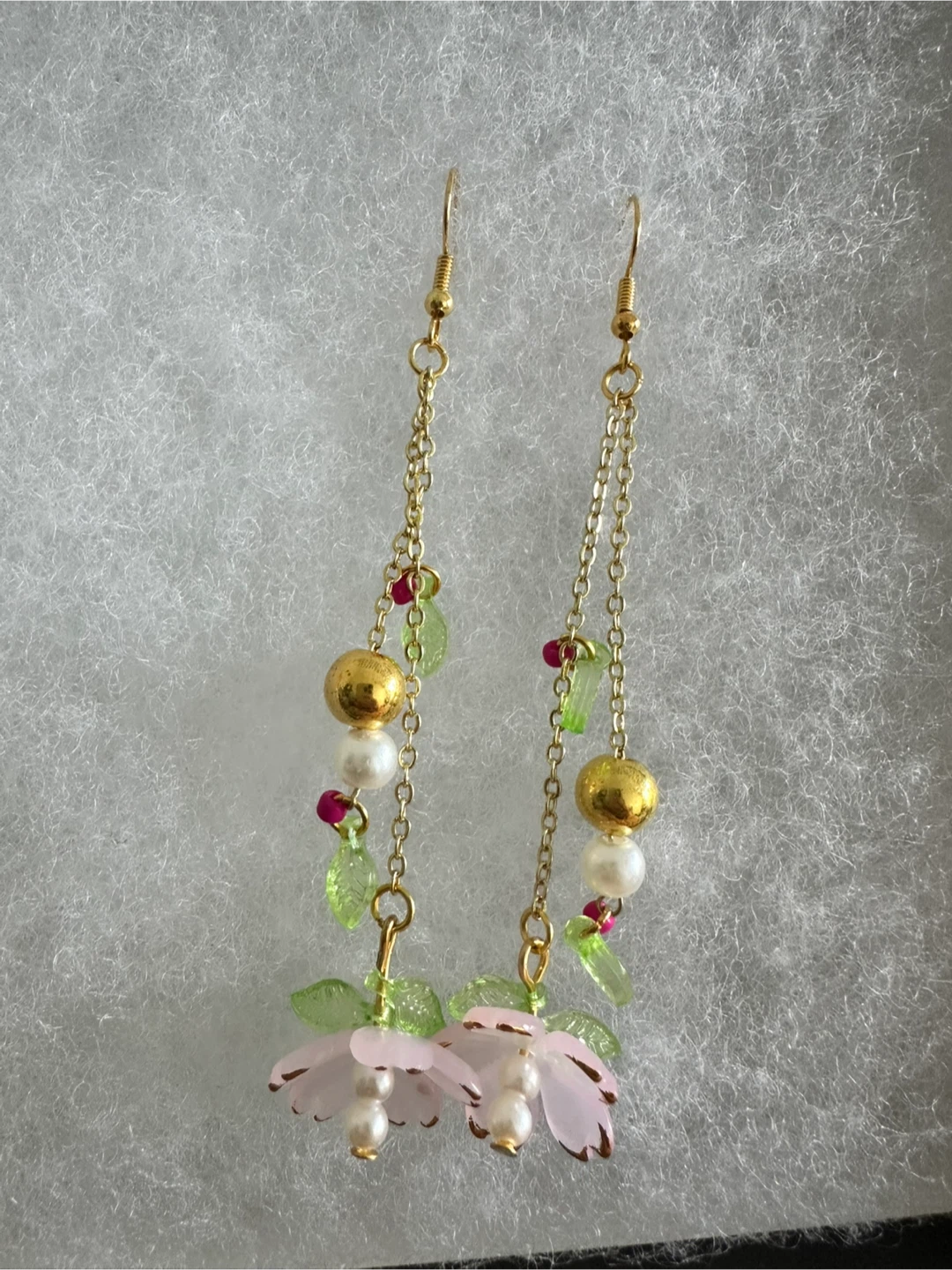 Dangle Earrings with Pink Flowers and Pearls
