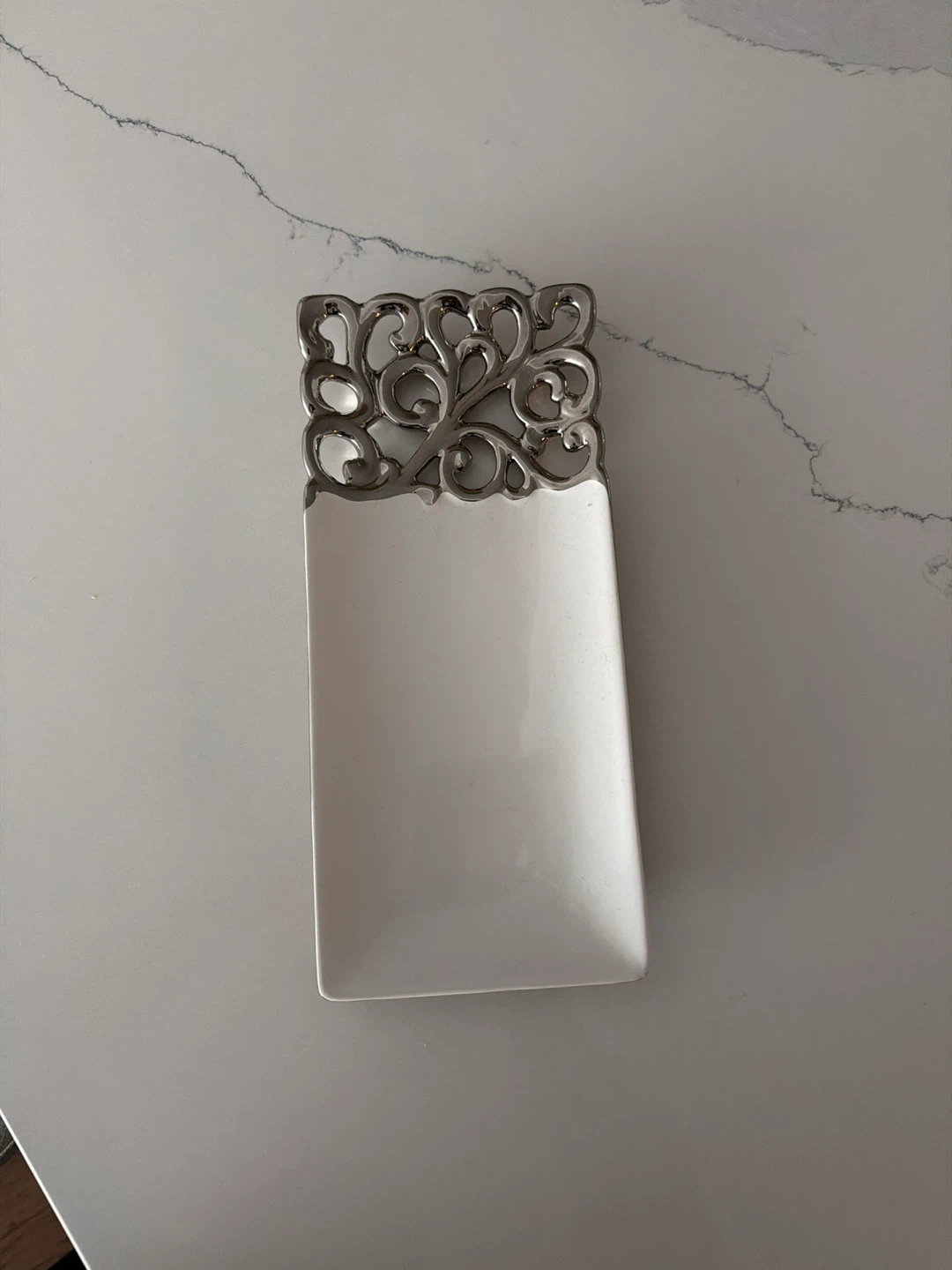 Decorative White Tray with Silver Scrollwork Accent