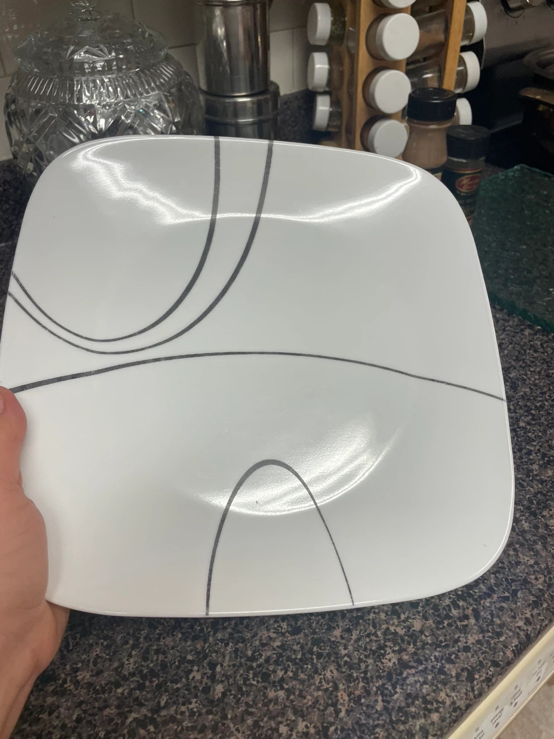 White Square Plate with Grey Swirl Design