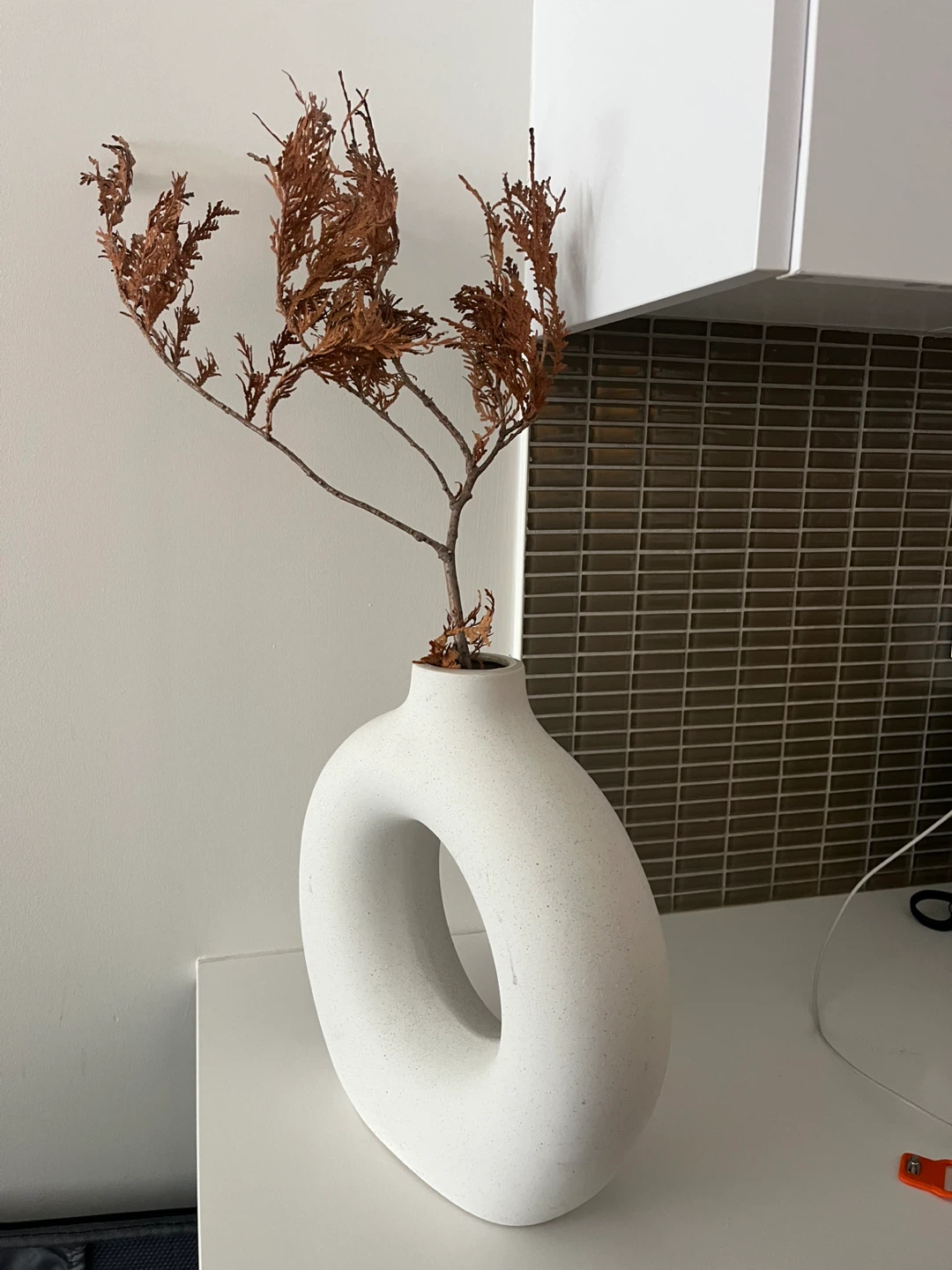 Unique White Donut Vase with Dried Stems