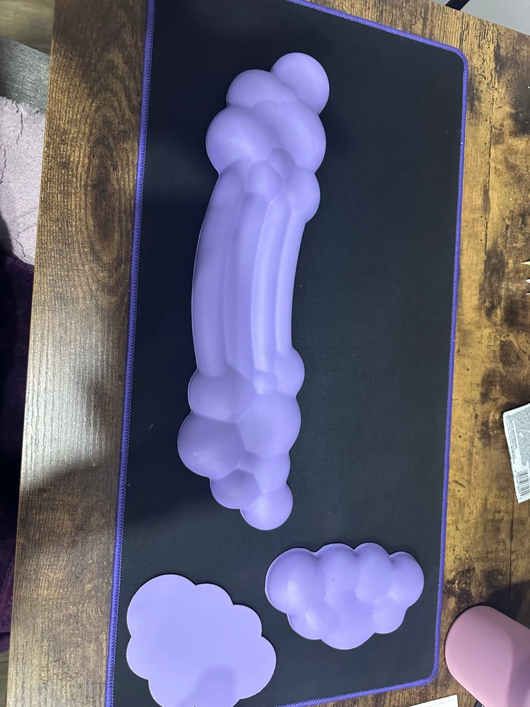 Purple computer desk mat and cloud shape wrist pad