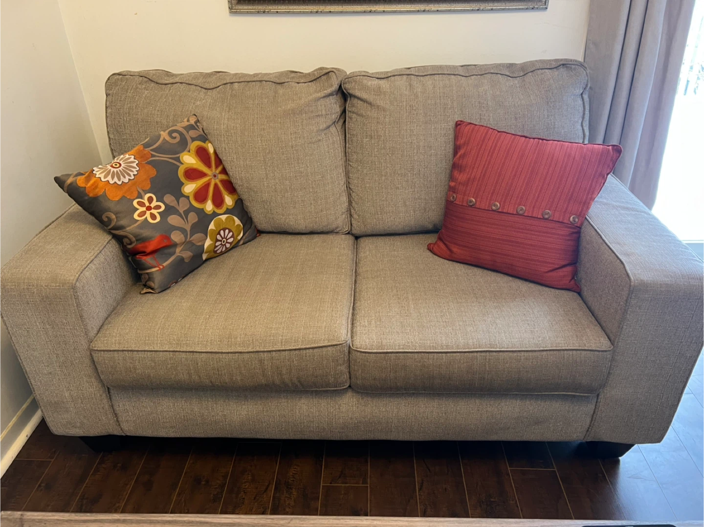 Beigh Grey Loveseat Sofa with Decorative Pillows